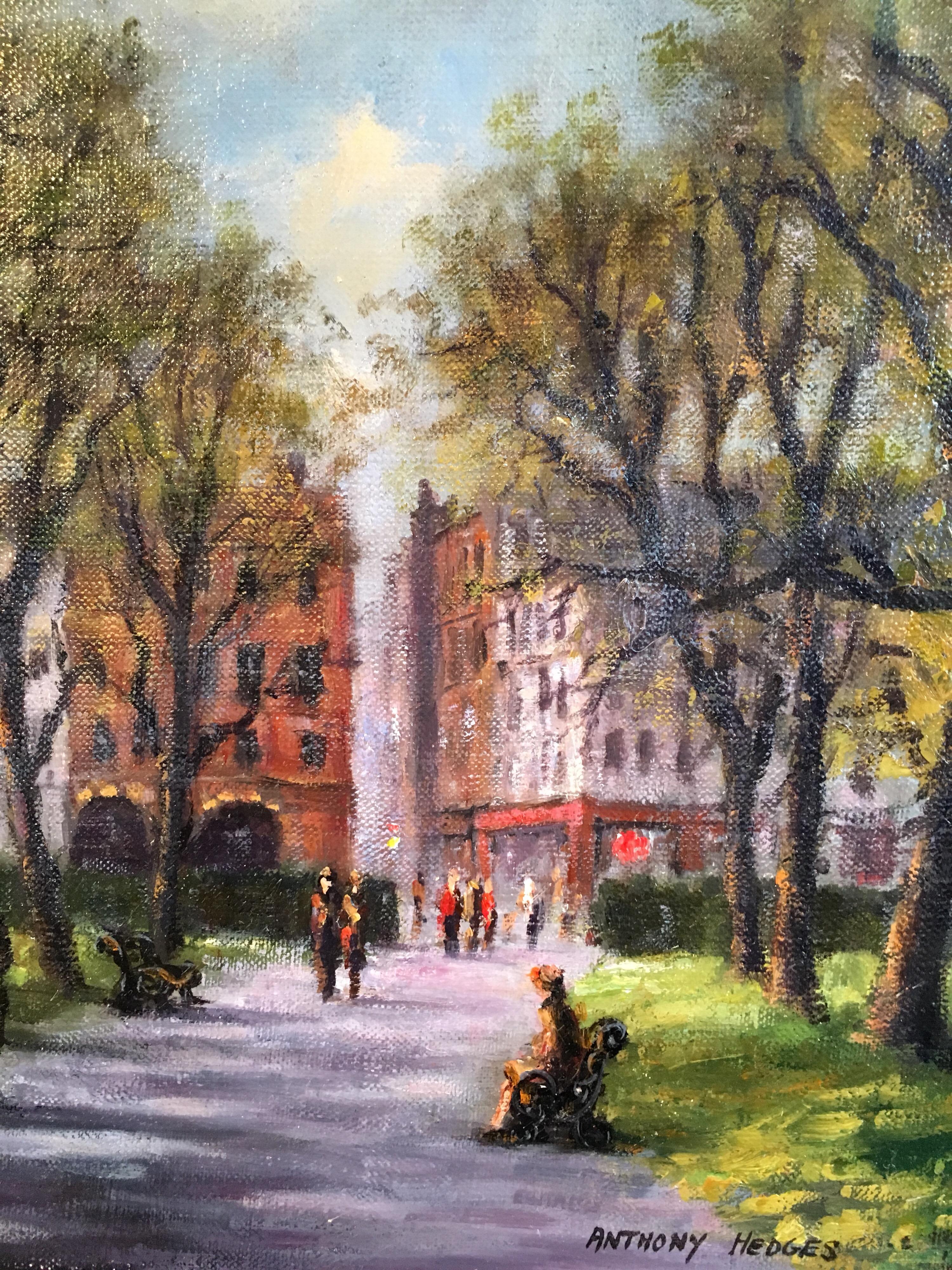 Park Walk, Impressionist City Scene, Signed Oil Painting
By British artist, Anthony Hedges, 20th Century
Signed by the artist on the lower right hand corner
Oil painting on canvas, unframed
Canvas size: 12 x 16 inches

Beautiful scene of a city