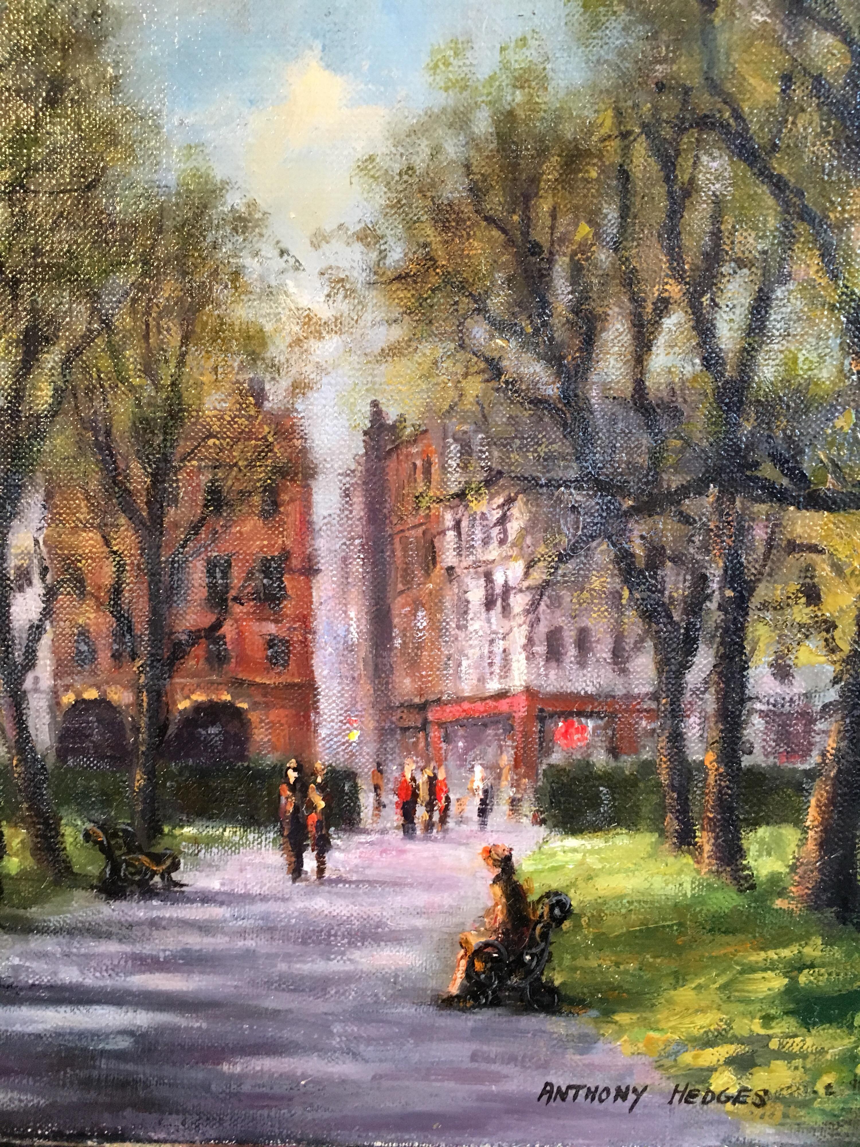 Park Walk, Impressionist City Scene, Signed Oil Painting For Sale 1