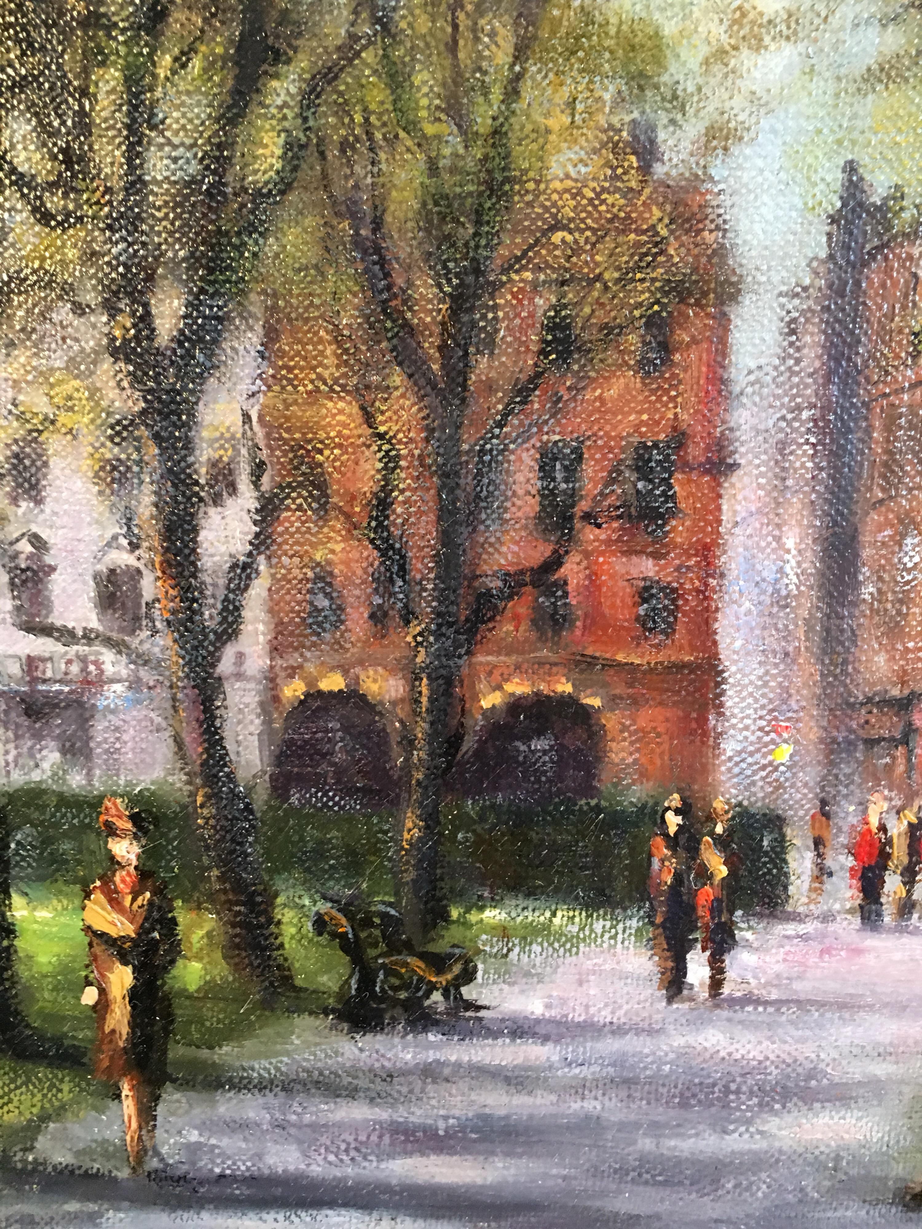 Park Walk, Impressionist City Scene, Signed Oil Painting For Sale 2