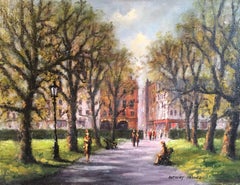 Vintage Park Walk, Impressionist City Scene, Signed Oil Painting