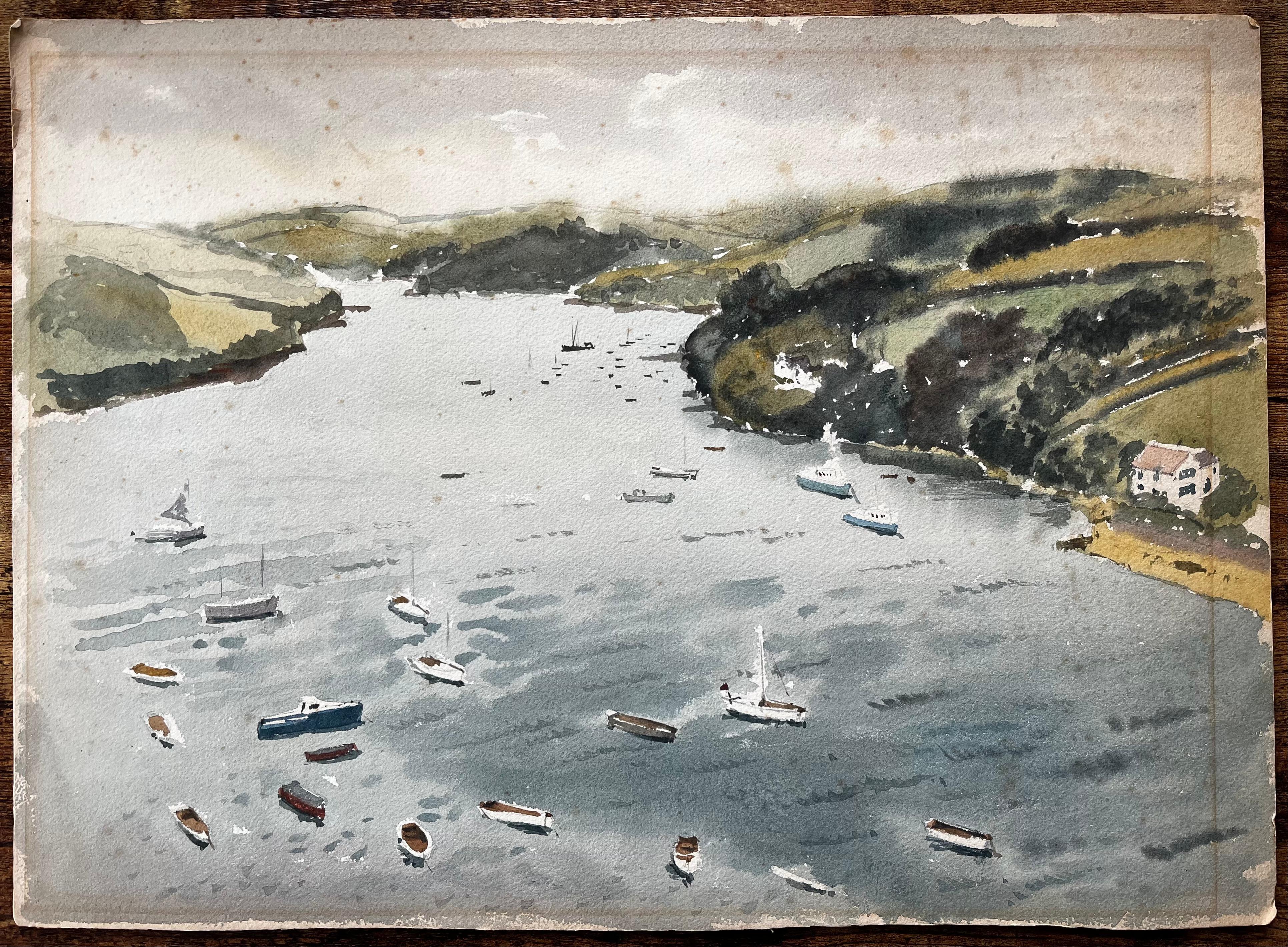 1963 Aquarelle du port de Salcombe Devon avec bateaux, estuaire et vue sur les collines - Painting de Anthony Herbert