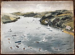 1963 Watercolour of Salcombe Harbour Devon with Boats, Estuary and Hillside View