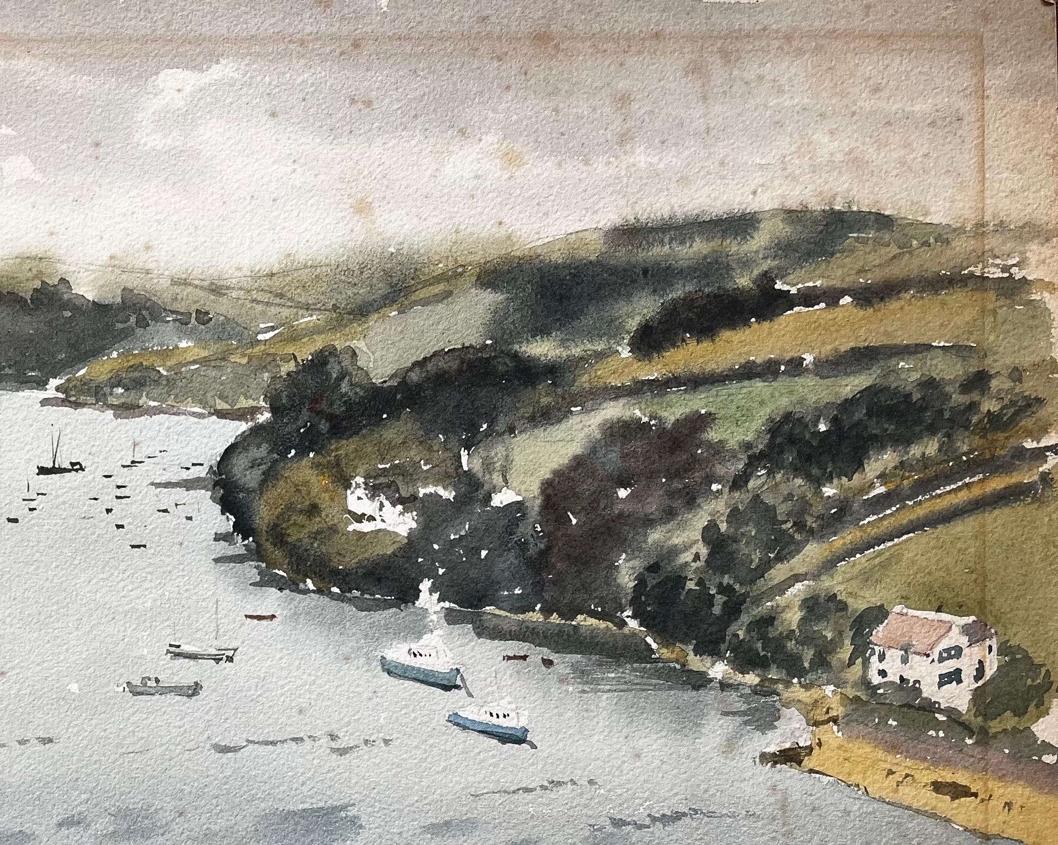 1963 Aquarelle du port de Salcombe Devon avec bateaux, estuaire et vue sur les collines - Impressionnisme Painting par Anthony Herbert