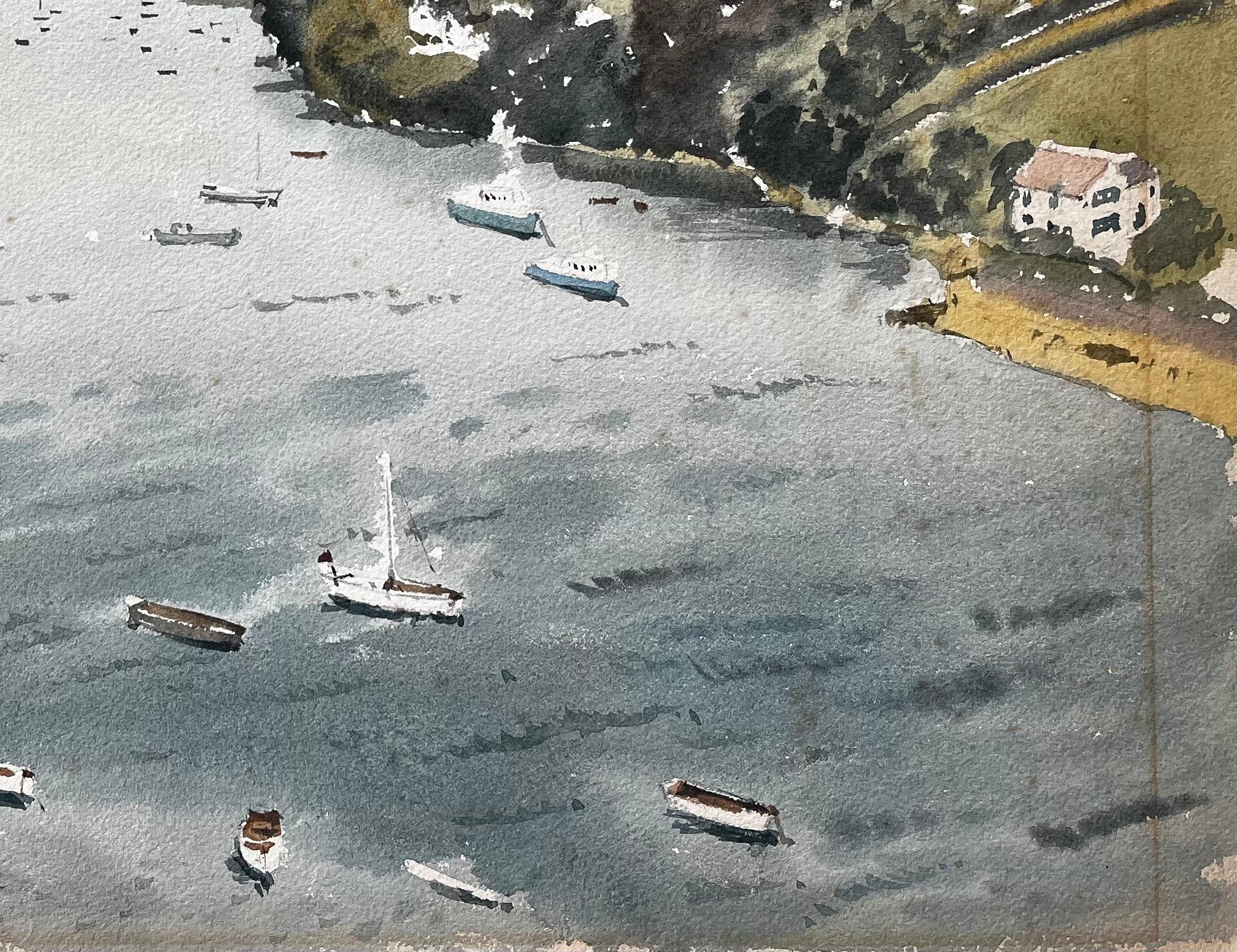 1963 Aquarelle du port de Salcombe Devon avec bateaux, estuaire et vue sur les collines - Gris Landscape Painting par Anthony Herbert