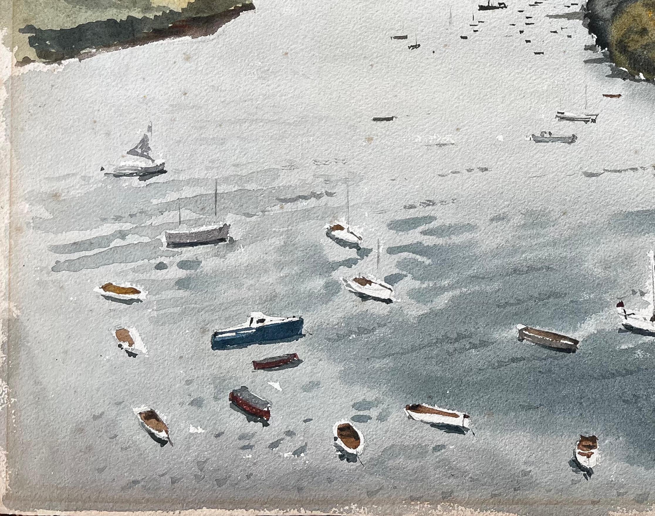 1963 Aquarelle du port de Salcombe Devon avec bateaux, estuaire et vue sur les collines en vente 1