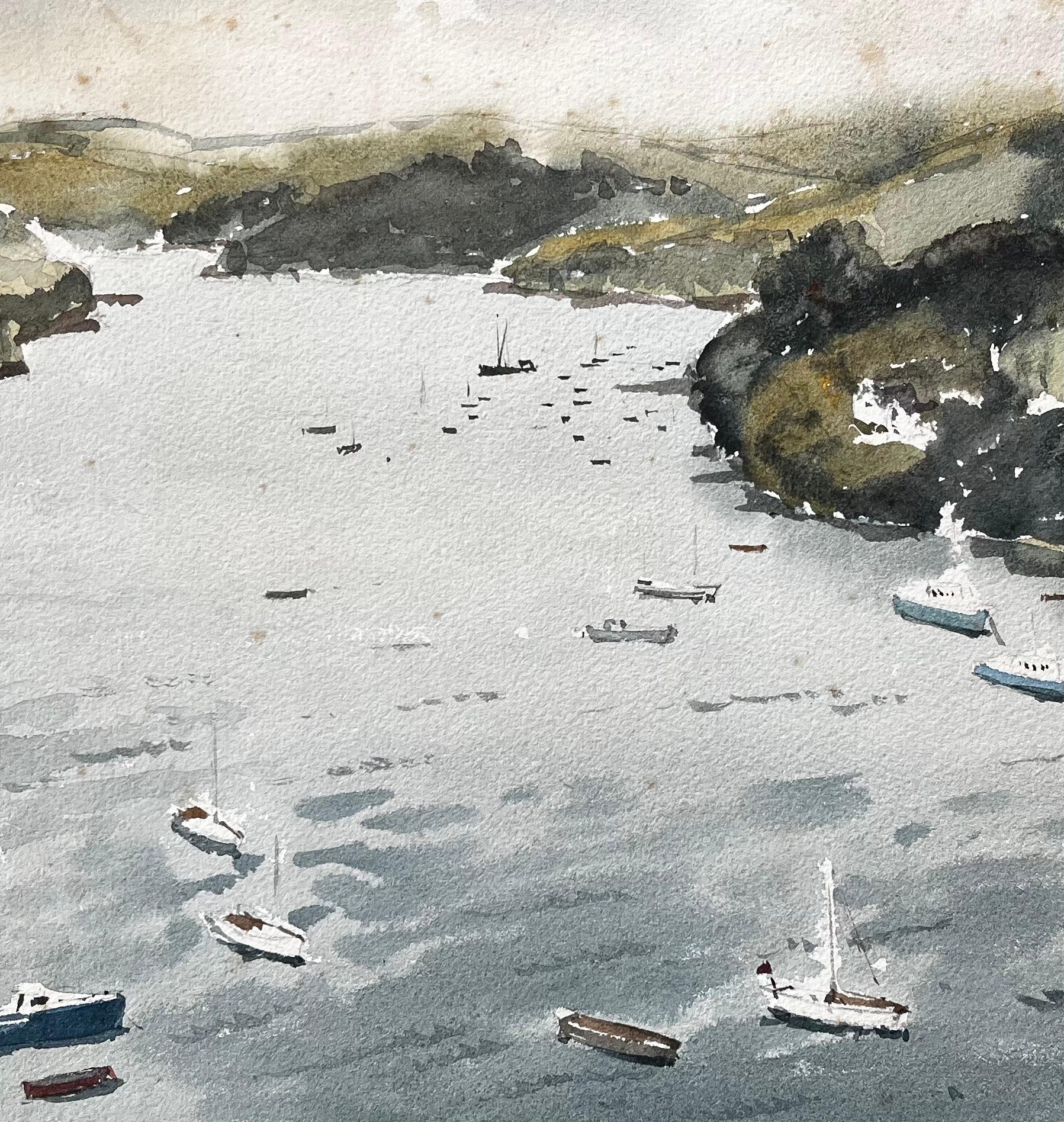 1963 Aquarelle du port de Salcombe Devon avec bateaux, estuaire et vue sur les collines en vente 2