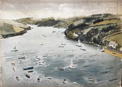 1963 Acuarela del puerto de Salcombe, Devon, con barcos, estuario y vista de ladera