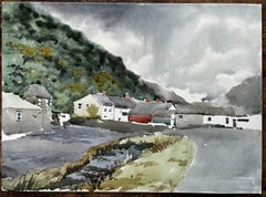 1977 Aquarelle du village de Boscastle en Cornouailles du Nord avec vue sur une colline et des chalets