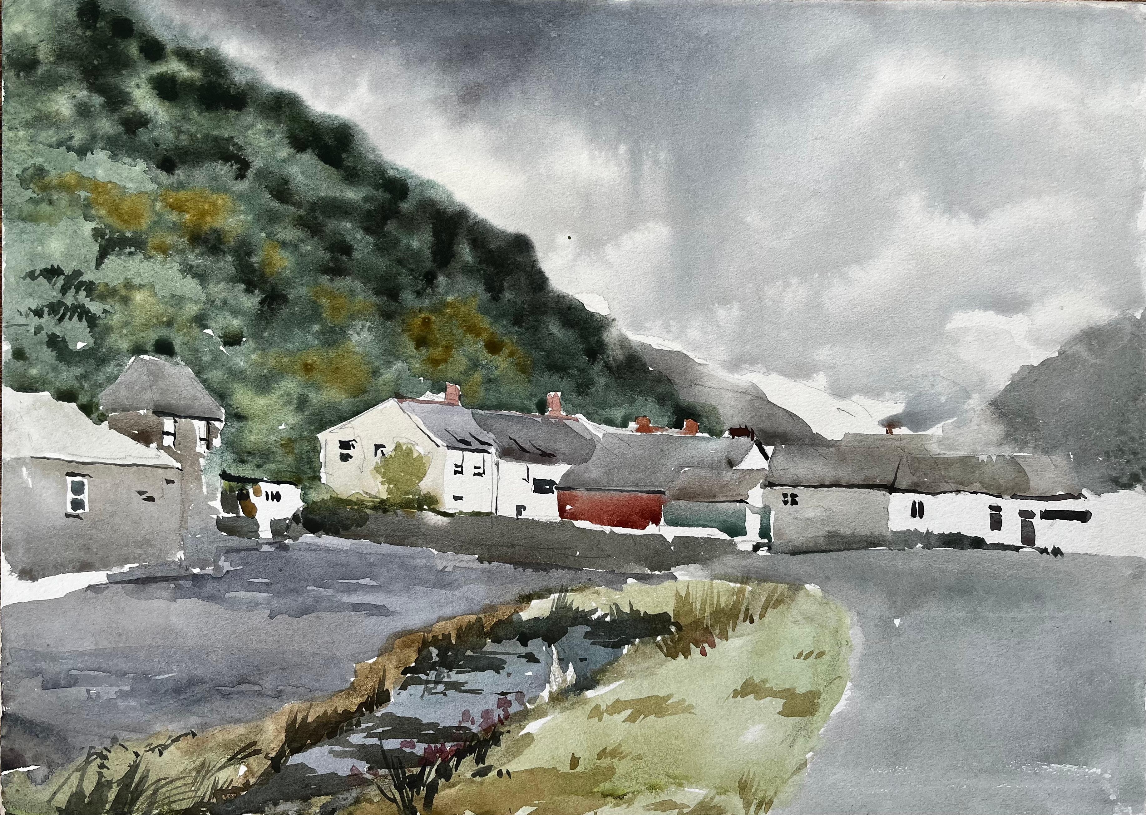 1977 Aquarell des Dorfes Boscastle im Norden Cornwalls mit Blick auf Hügel und Cottages