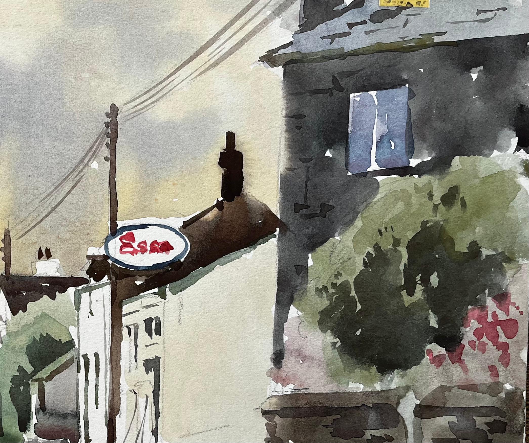 1977 Aquarell der Dorfstraße von St. Teath, Nord-Cornwall, mit Esso-Schild (Impressionismus), Painting, von Anthony Herbert