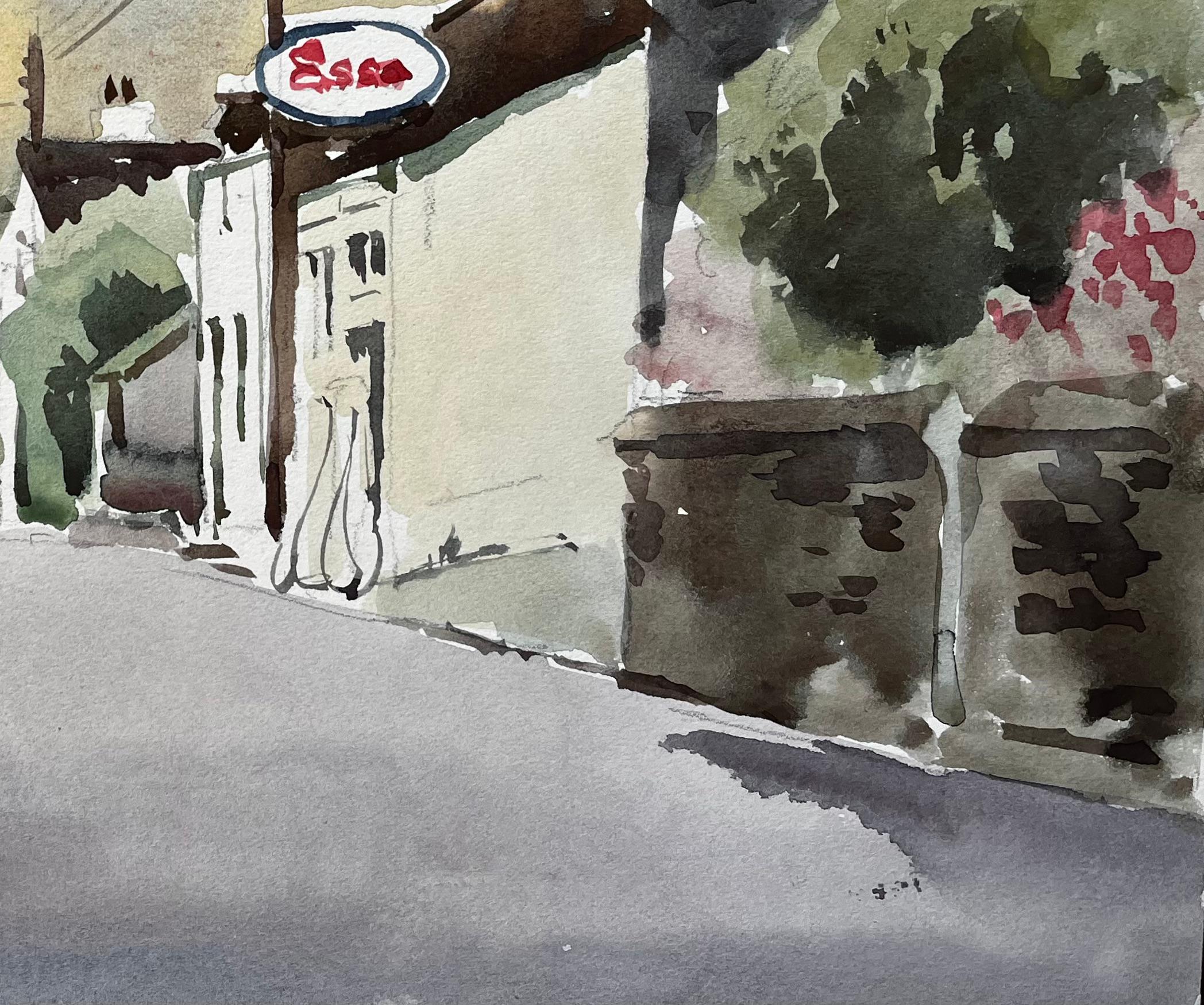 1977 Aquarell der Dorfstraße von St. Teath, Nord-Cornwall, mit Esso-Schild (Grau), Landscape Painting, von Anthony Herbert