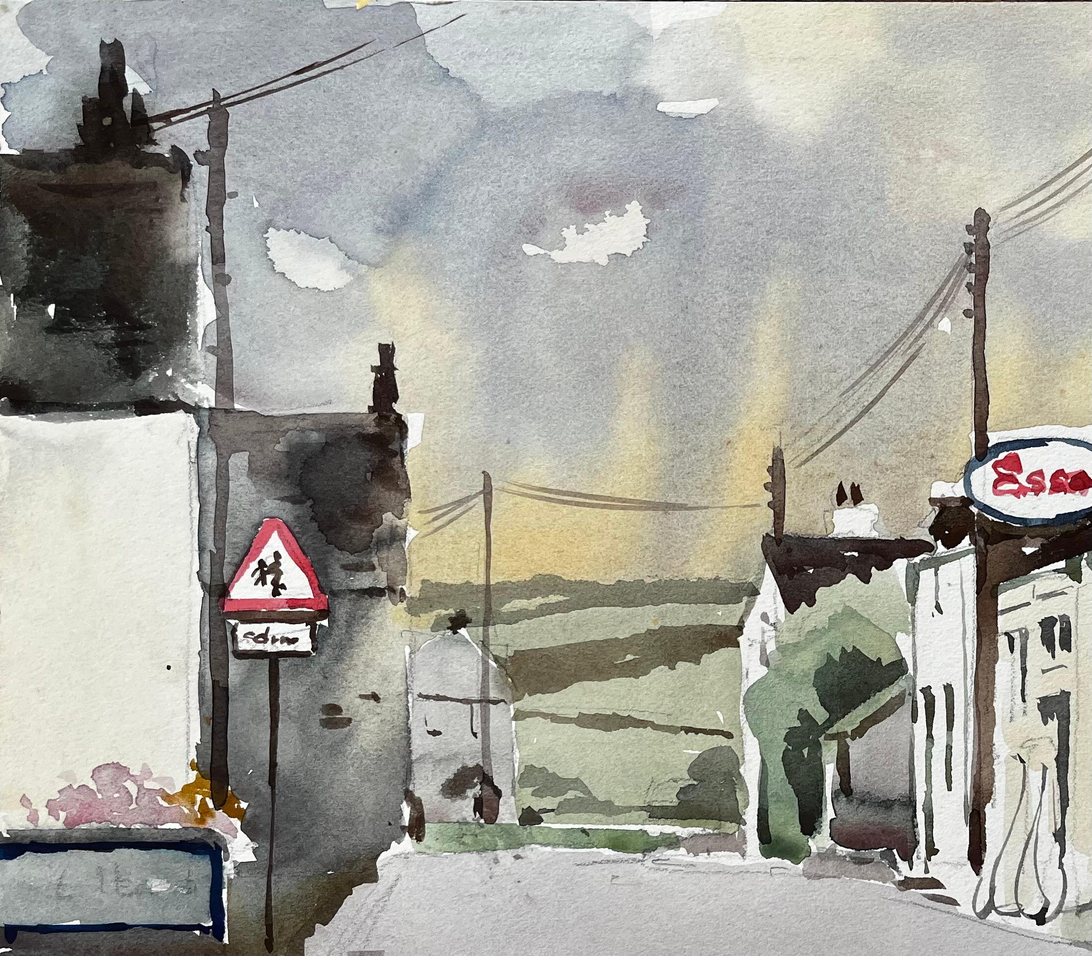 1977 Aquarell der Dorfstraße von St. Teath, Nord-Cornwall, mit Esso-Schild im Angebot 1