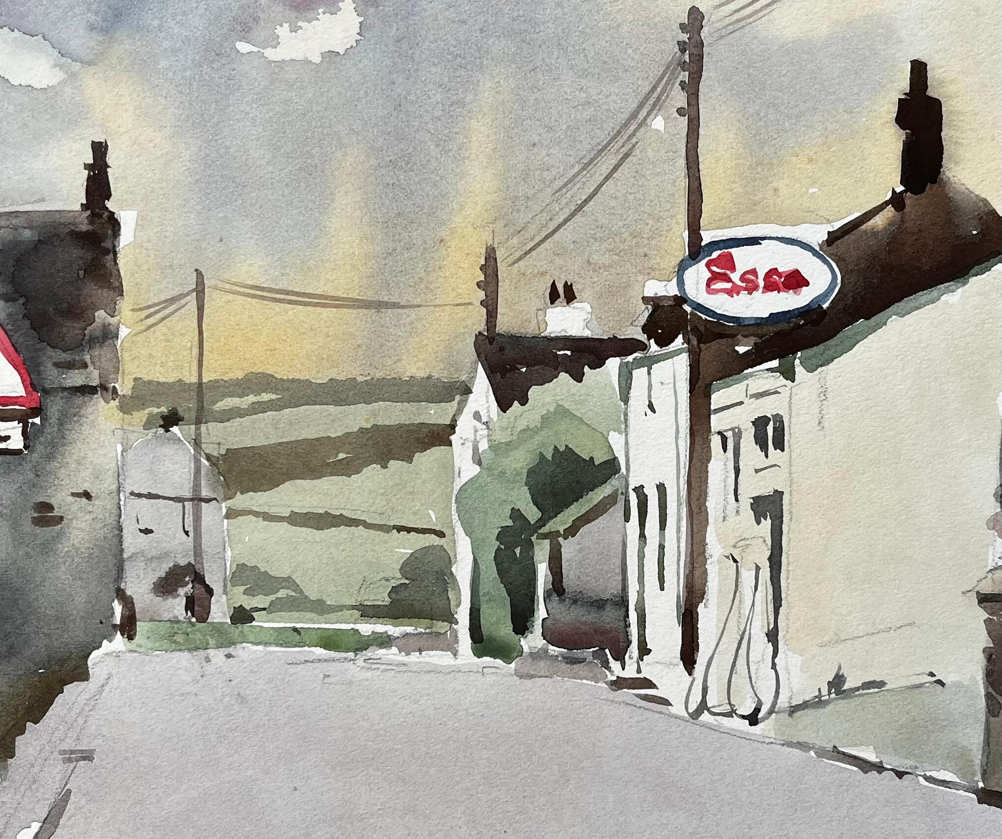 1977 Aquarell der Dorfstraße von St. Teath, Nord-Cornwall, mit Esso-Schild im Angebot 2