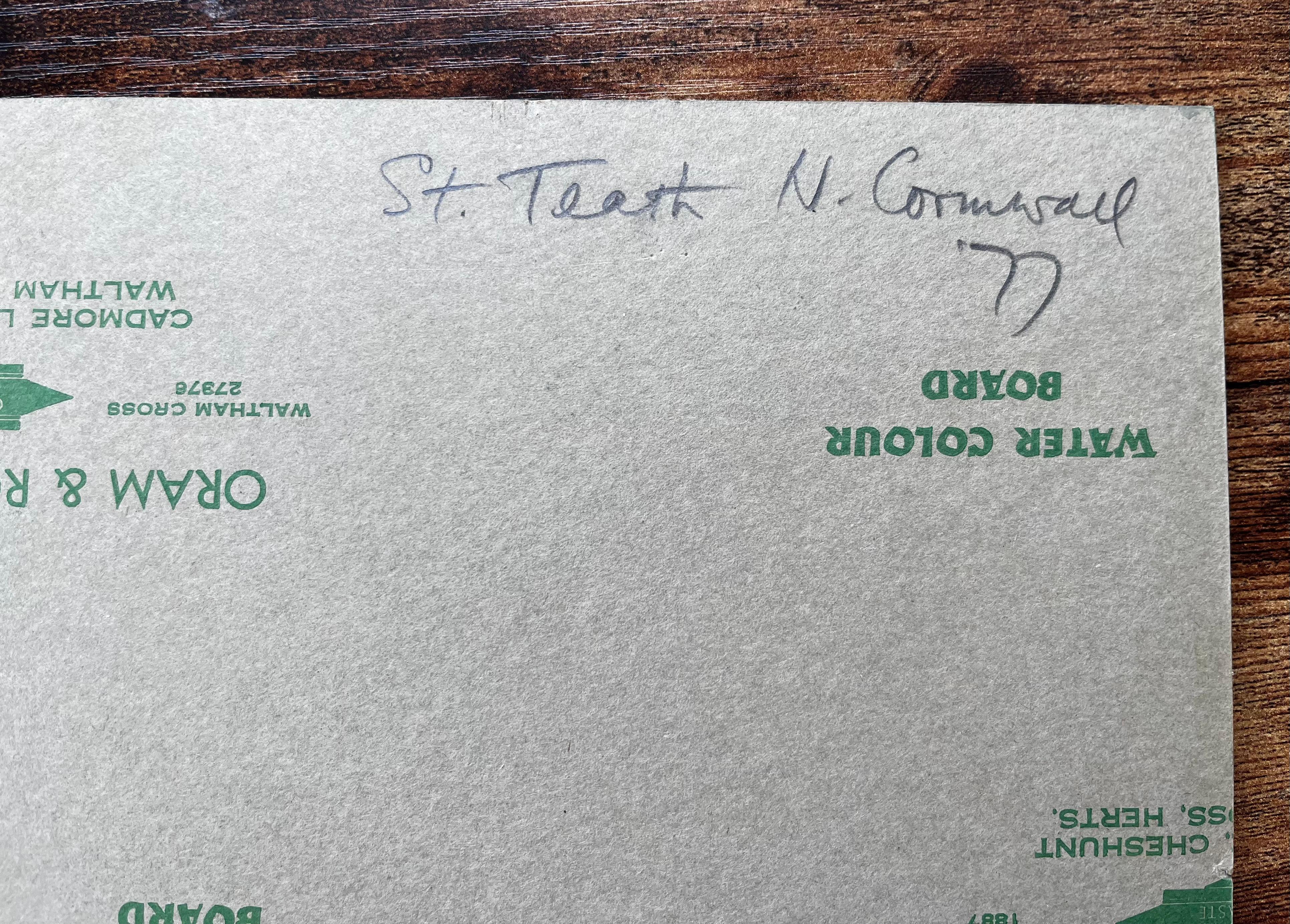 1977 Aquarell der Dorfstraße von St. Teath, Nord-Cornwall, mit Esso-Schild im Angebot 4