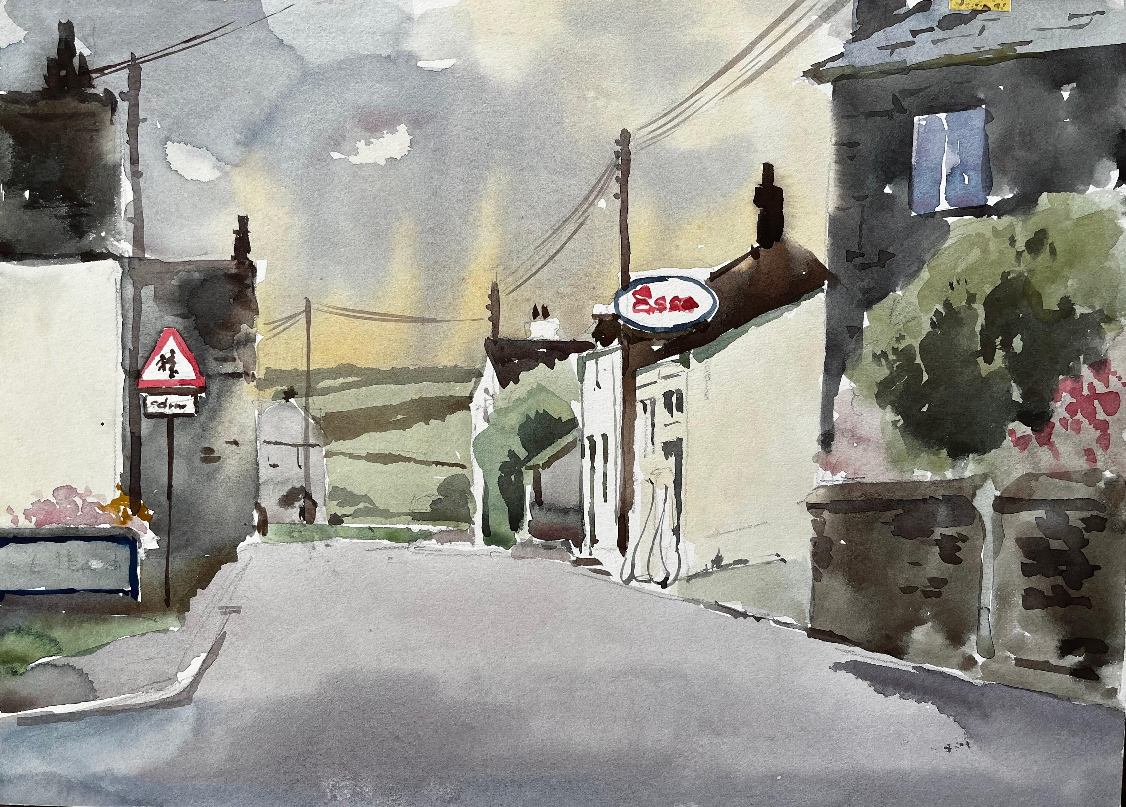 1977 Aquarelle de la rue du village de St. Teath, en Cornouailles du Nord, avec l'enseigne Esso