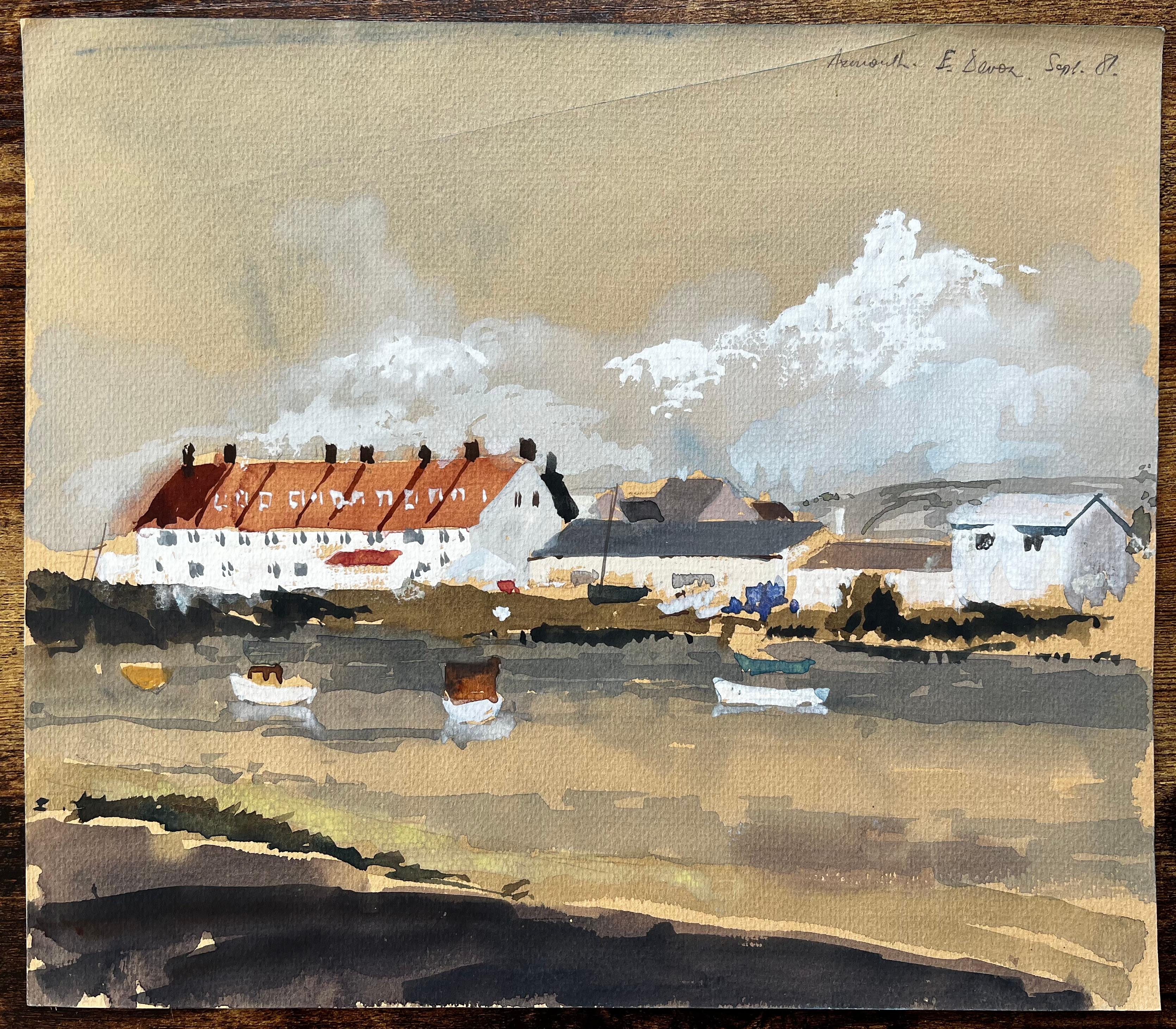 1981 Aquarelle d'Axmouth East Devon avec bateaux, toits rouges et vue sur l'estuaire - Painting de Anthony Herbert