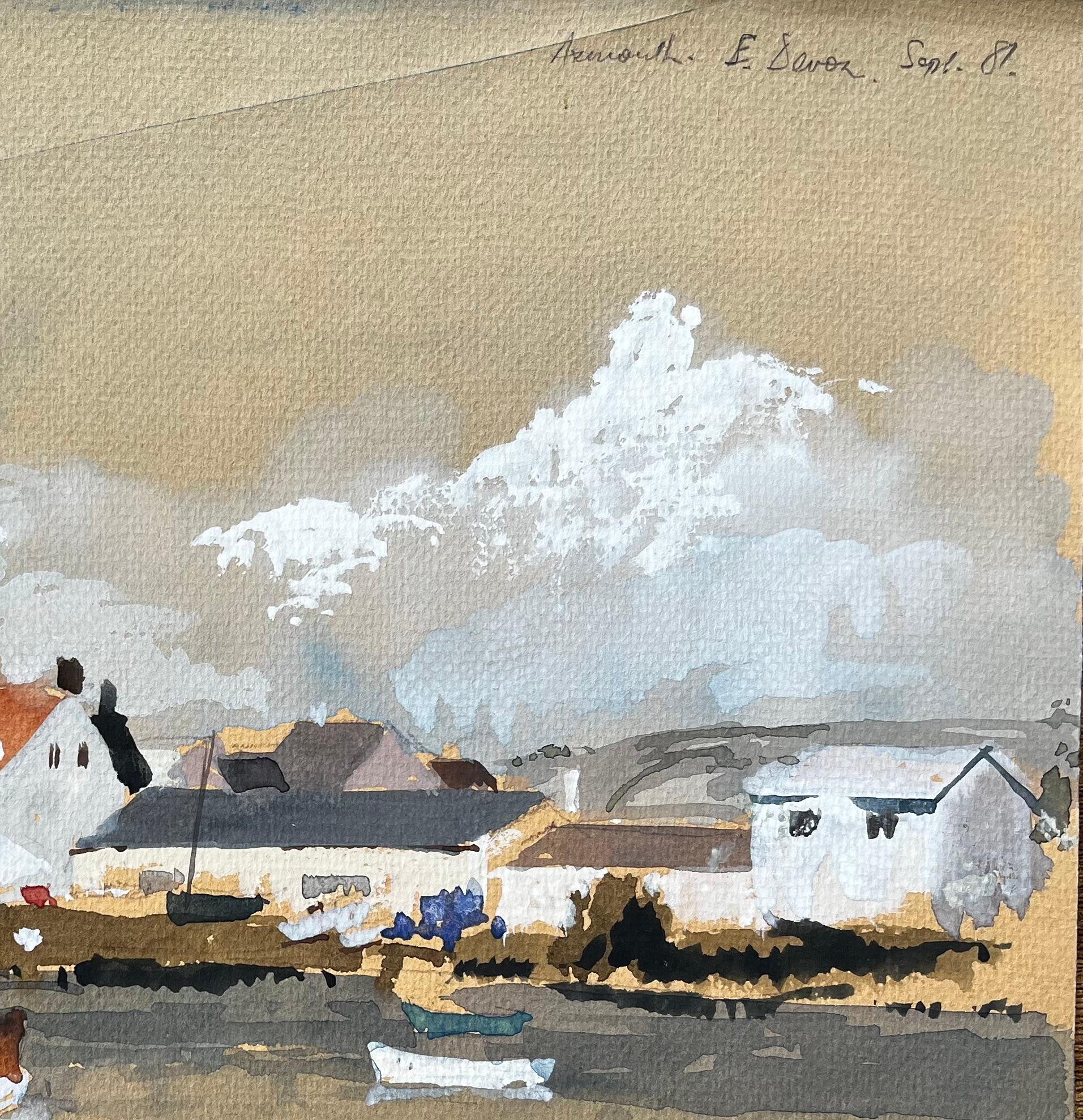 1981 Aquarelle d'Axmouth East Devon avec bateaux, toits rouges et vue sur l'estuaire - Beige Landscape Painting par Anthony Herbert