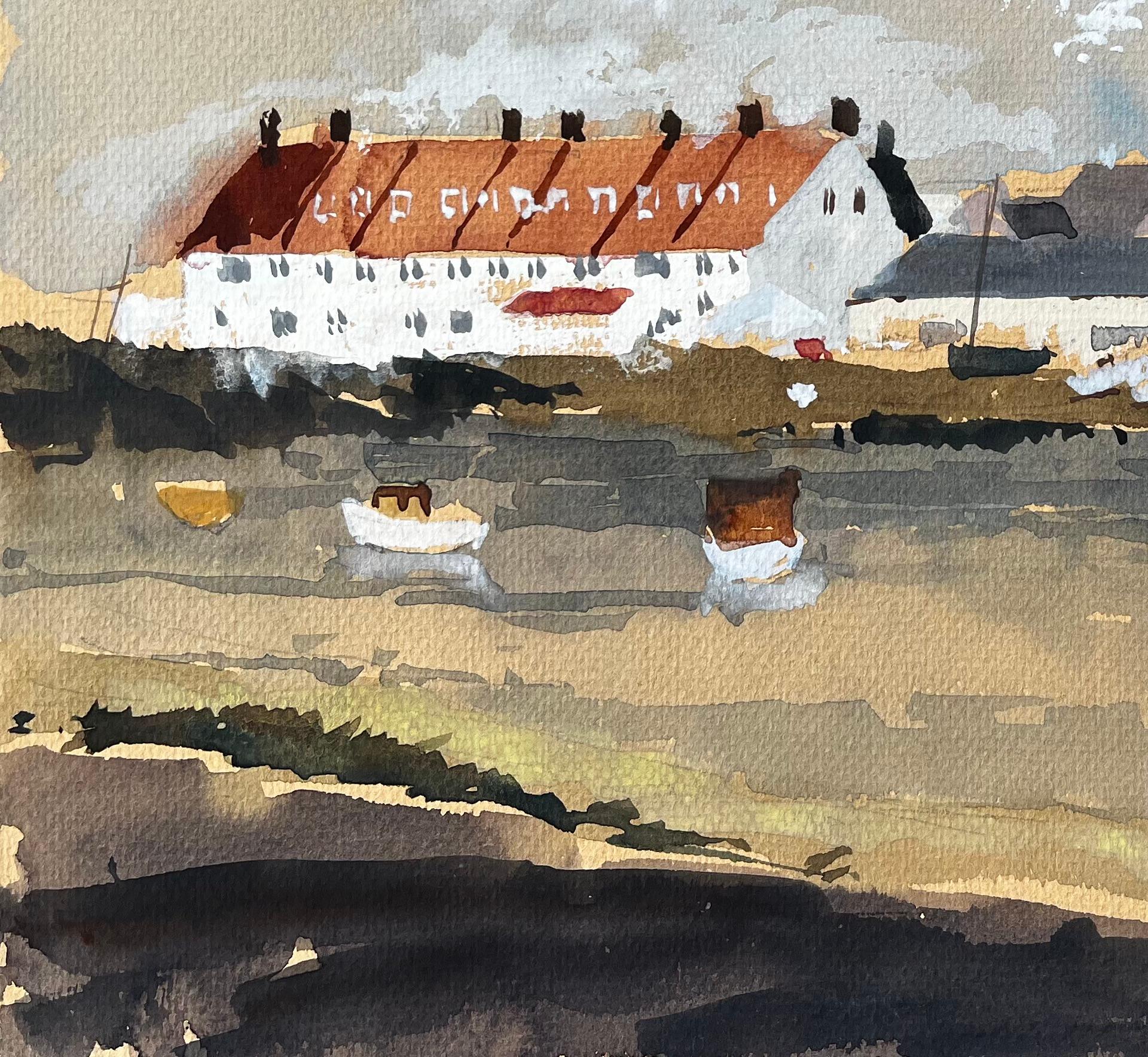 1981 Aquarelle d'Axmouth East Devon avec bateaux, toits rouges et vue sur l'estuaire en vente 1