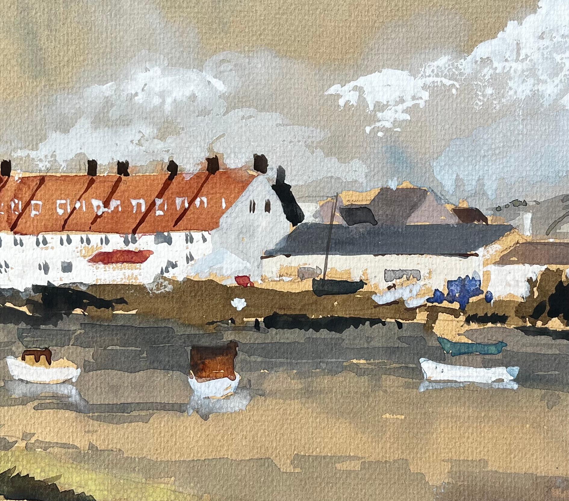 1981 Aquarelle d'Axmouth East Devon avec bateaux, toits rouges et vue sur l'estuaire en vente 2