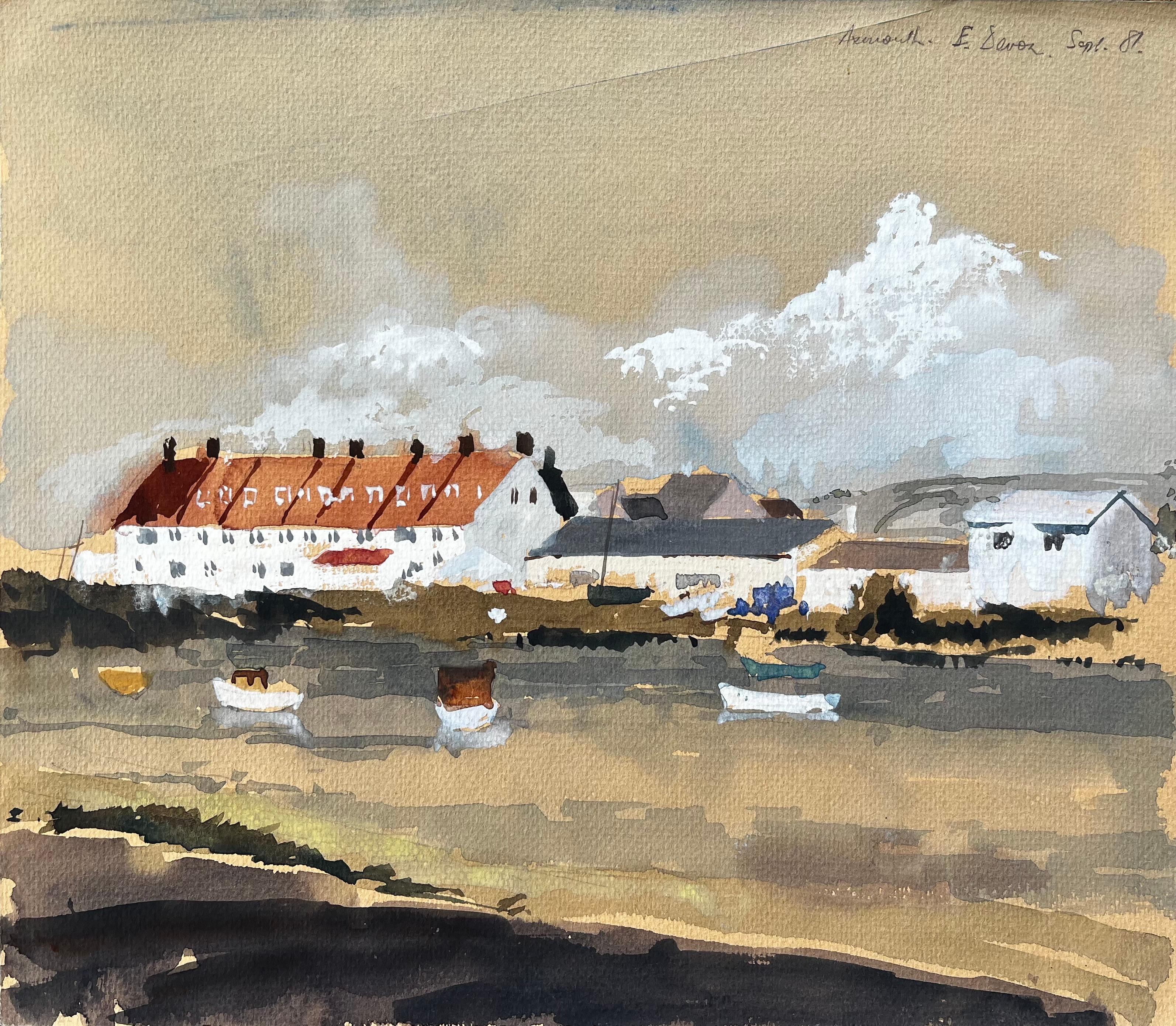 1981 Aquarell von Axmouth, Ost-Devon, mit Booten, roten Dächern und Blick auf die Flussmündung