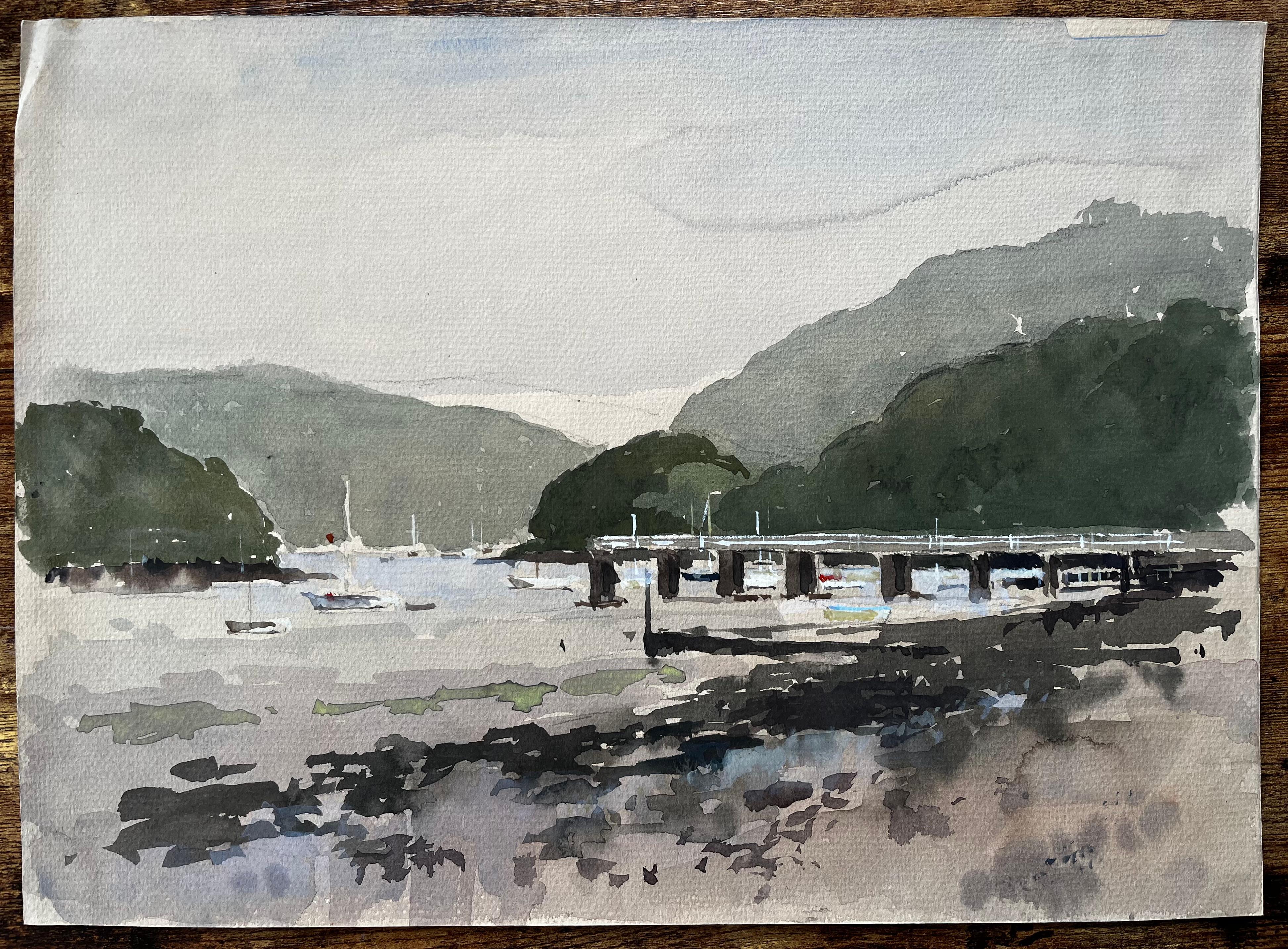1982 Aquarell von Dittisham Fluss Dart Devon mit Booten und bewaldeten Hügeln – Painting von Anthony Herbert