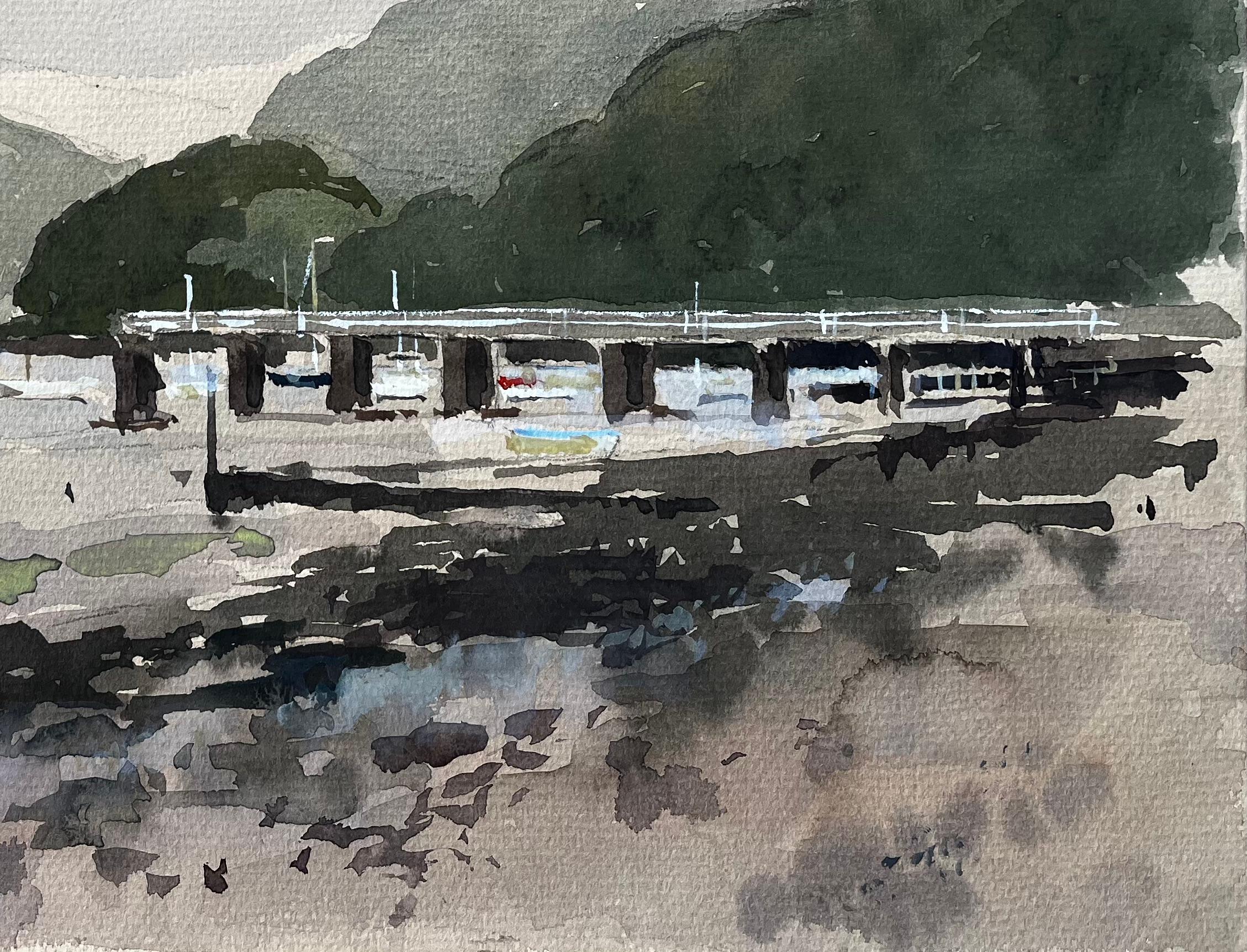 1982 Aquarell von Dittisham Fluss Dart Devon mit Booten und bewaldeten Hügeln (Impressionismus), Painting, von Anthony Herbert
