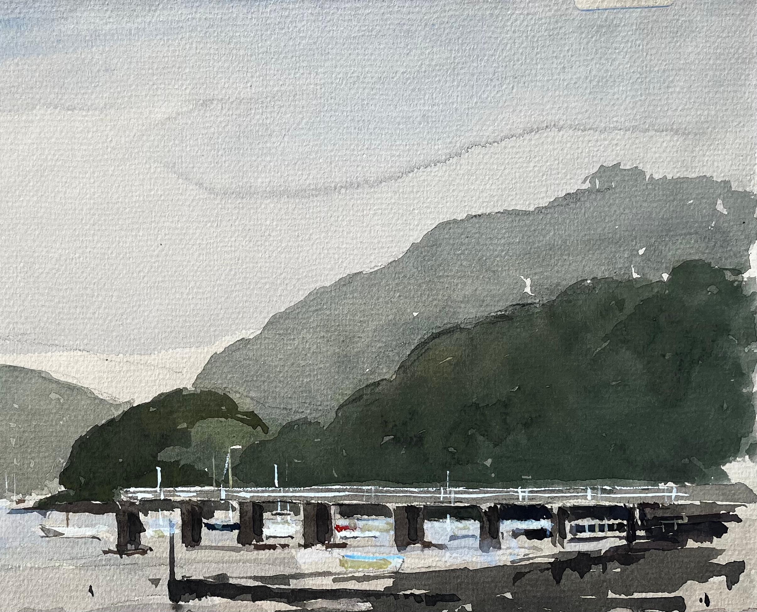 1982 Aquarell von Dittisham Fluss Dart Devon mit Booten und bewaldeten Hügeln im Angebot 1
