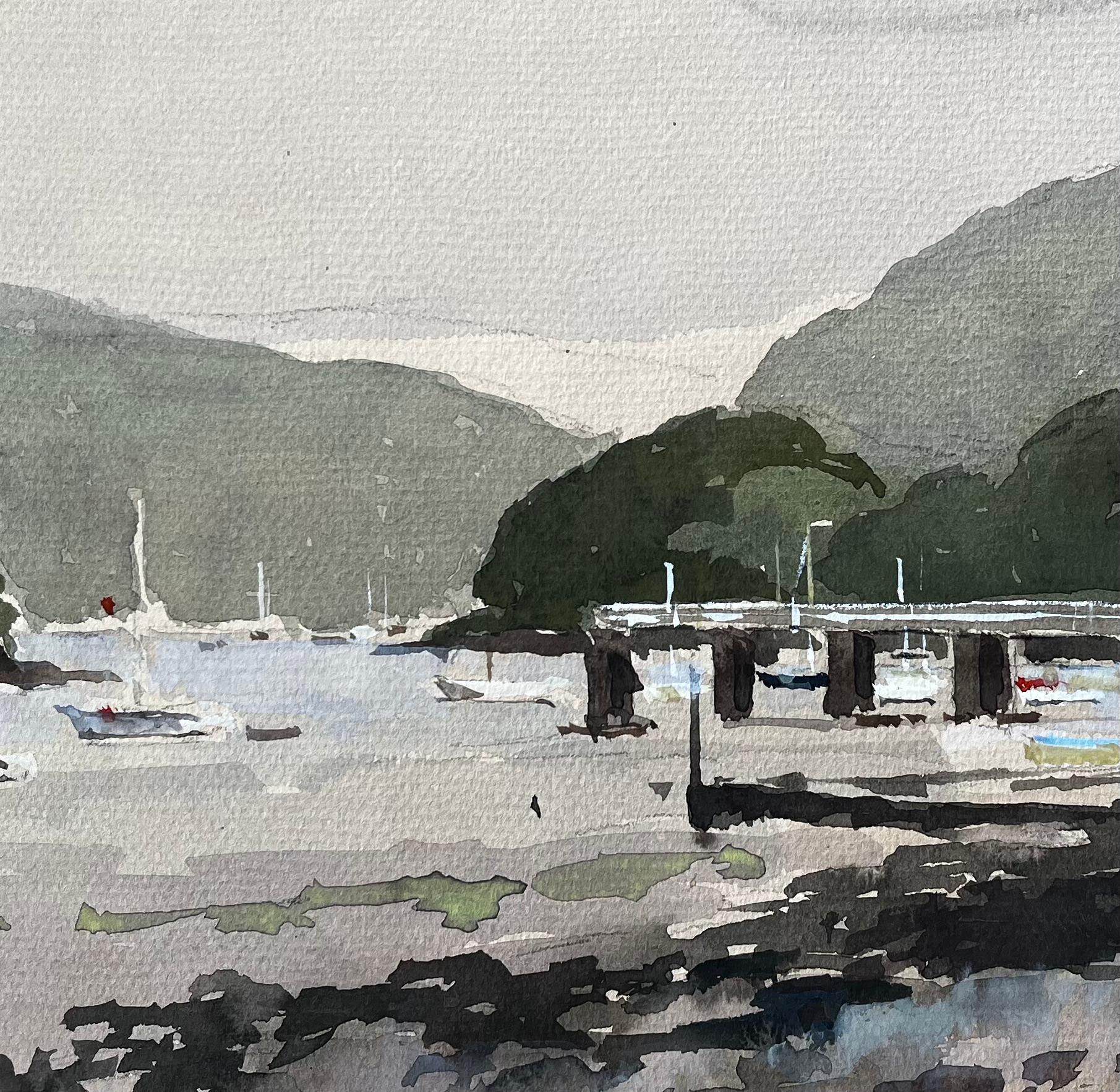 1982 Aquarell von Dittisham Fluss Dart Devon mit Booten und bewaldeten Hügeln im Angebot 2
