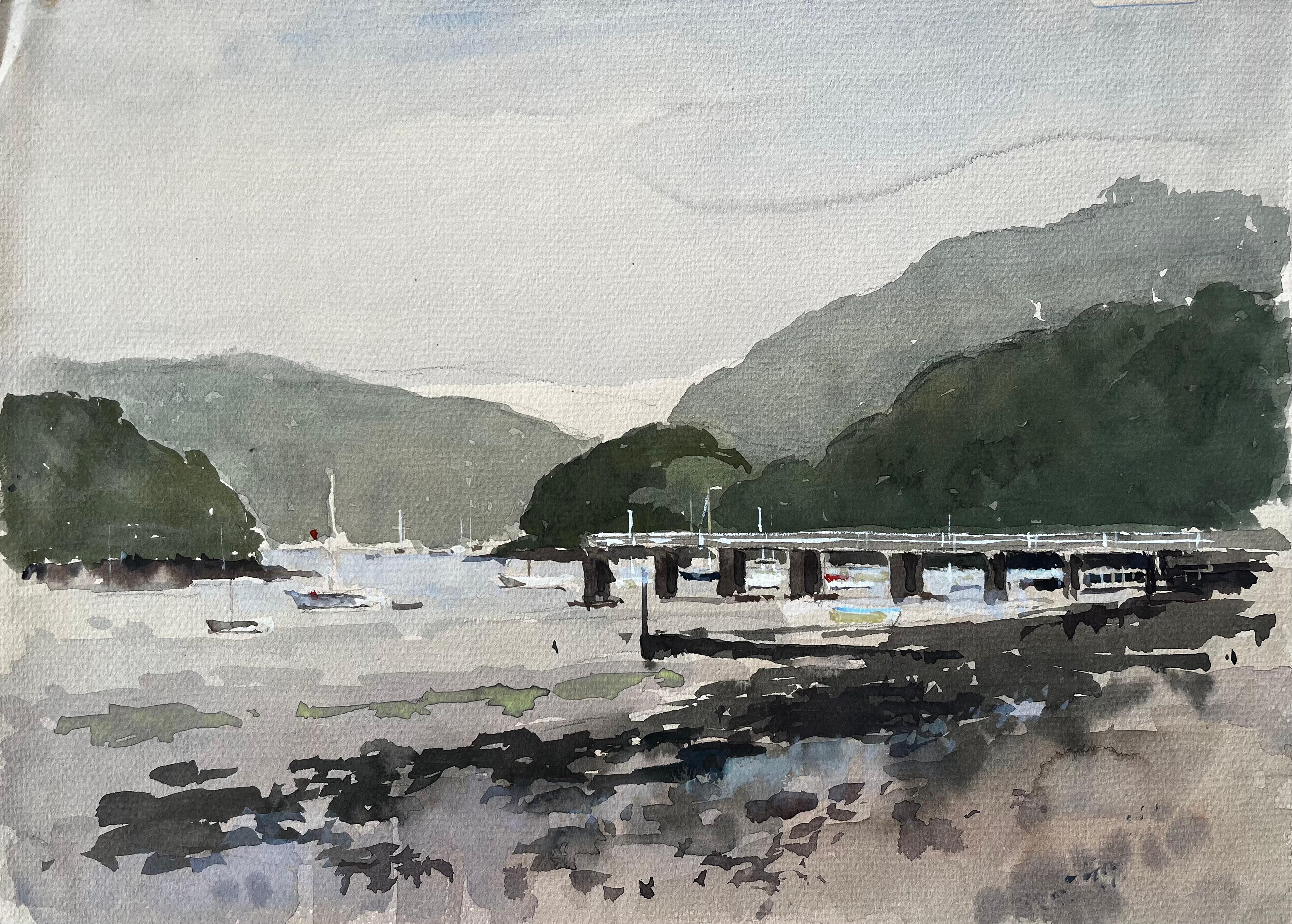 1982 Watercolour of Dittisham River Dart Devon with Boats and Woodland Hills