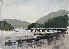 Vintage 1982 Watercolour of Dittisham River Dart Devon with Boats and Woodland Hills
