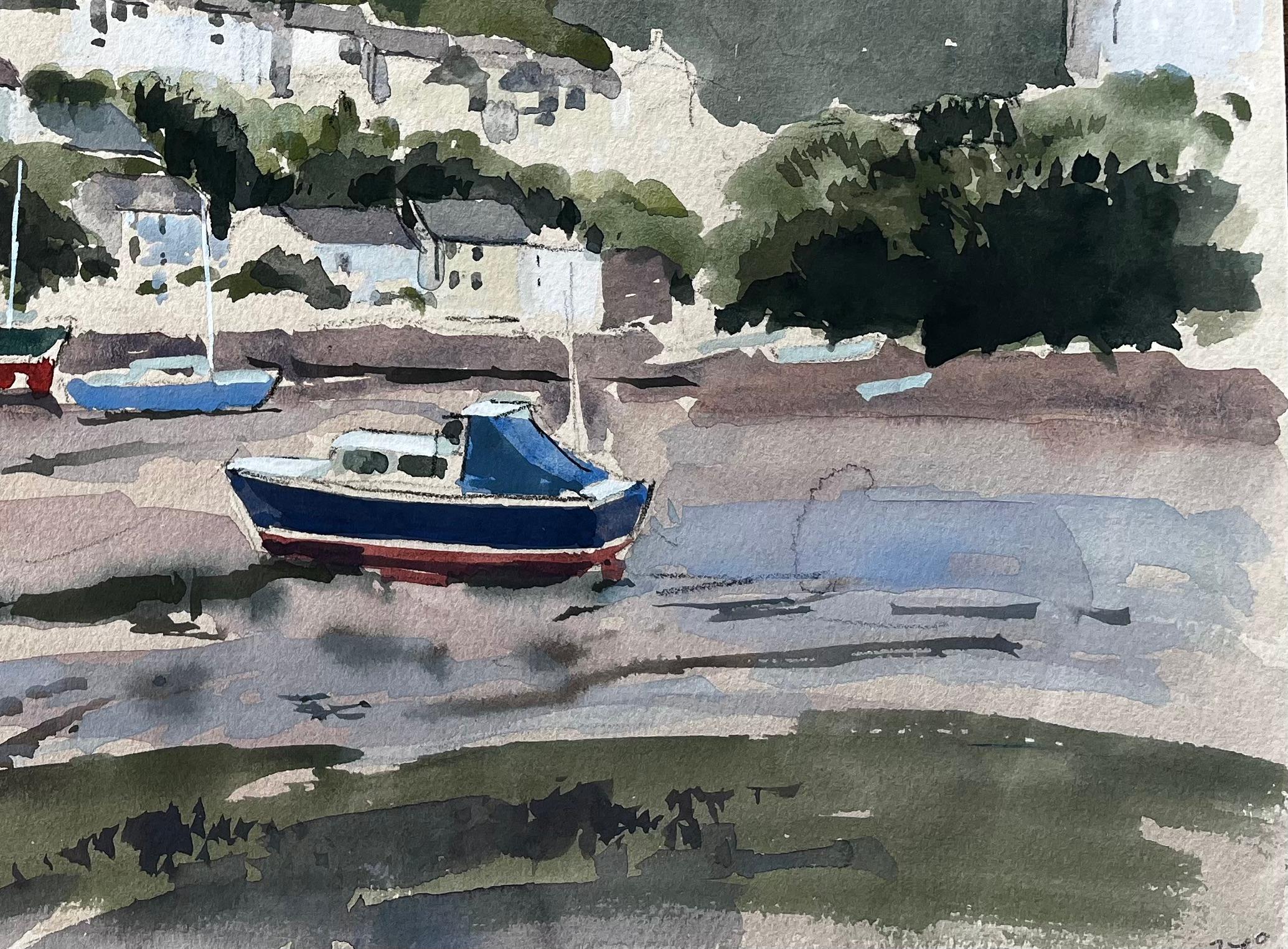 1982 Aquarell von Newton Ferrers Devon mit Booten, Hügeln und Küstenhäuschen (Impressionismus), Art, von Anthony Herbert