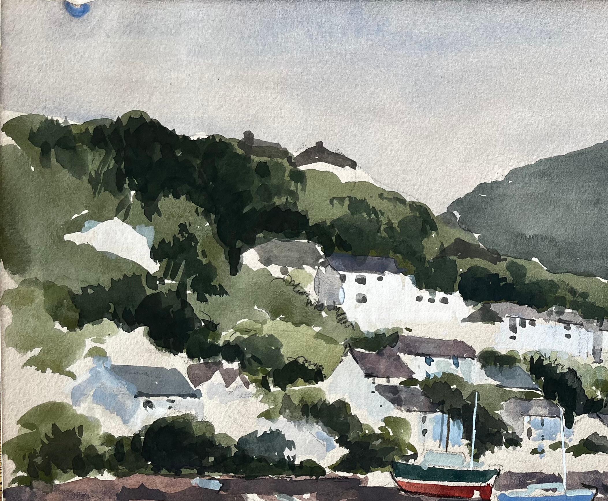 Titel: 1982 Aquarell von Newton Ferrers Devon mit Booten, Hügeln und Küstenhäuschen
Von Tony Herbert (1927-2024)
Medium: Aquarell auf Künstlerpapier
Größe: 10,75 x 14,75 Zoll
Verso vermerkt: 