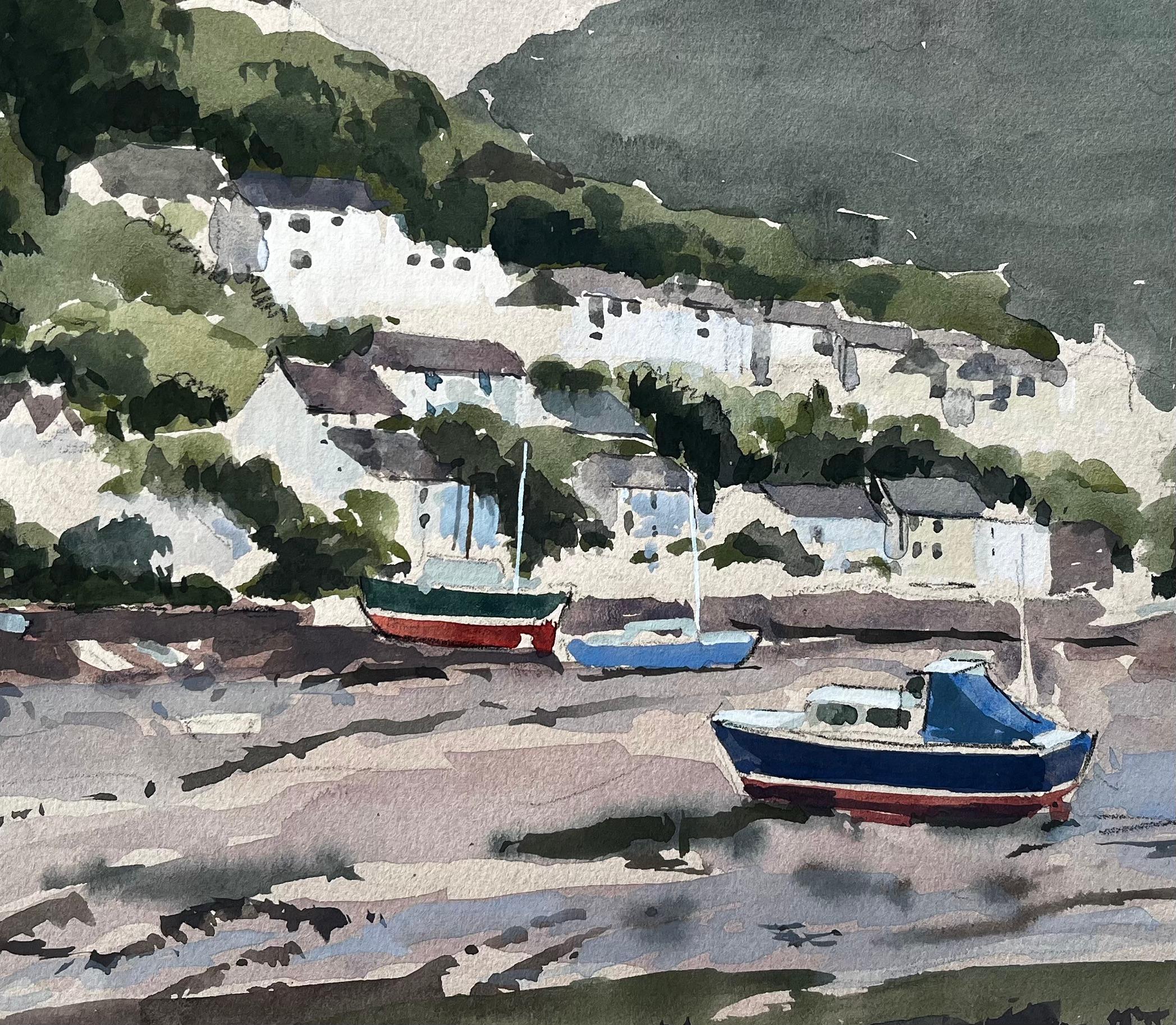 1982 Aquarell von Newton Ferrers Devon mit Booten, Hügeln und Küstenhäuschen im Angebot 2