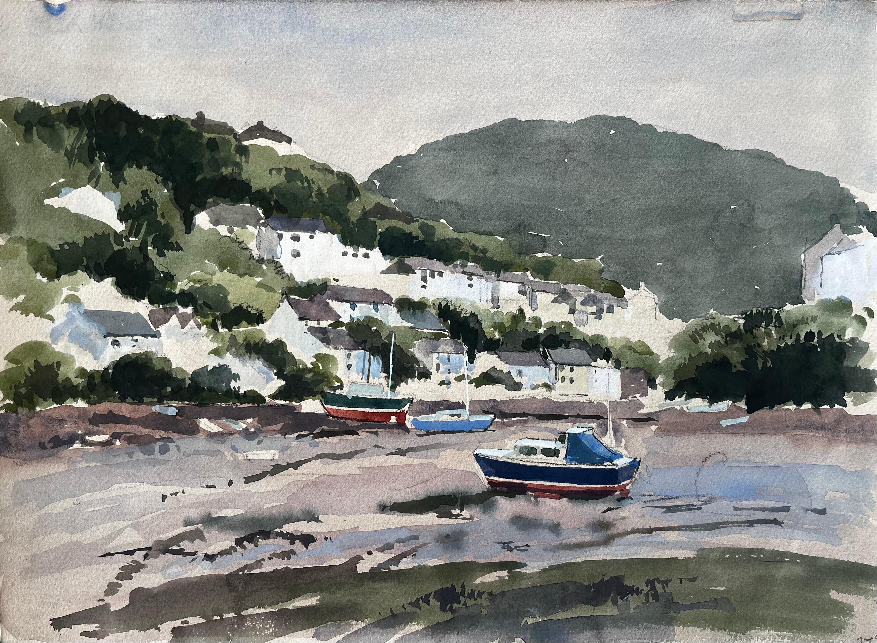 1982 Aquarell von Newton Ferrers Devon mit Booten, Hügeln und Küstenhäuschen