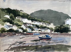 1982 Acuarela de Newton Ferrers Devon con barcos, colinas y casitas costeras