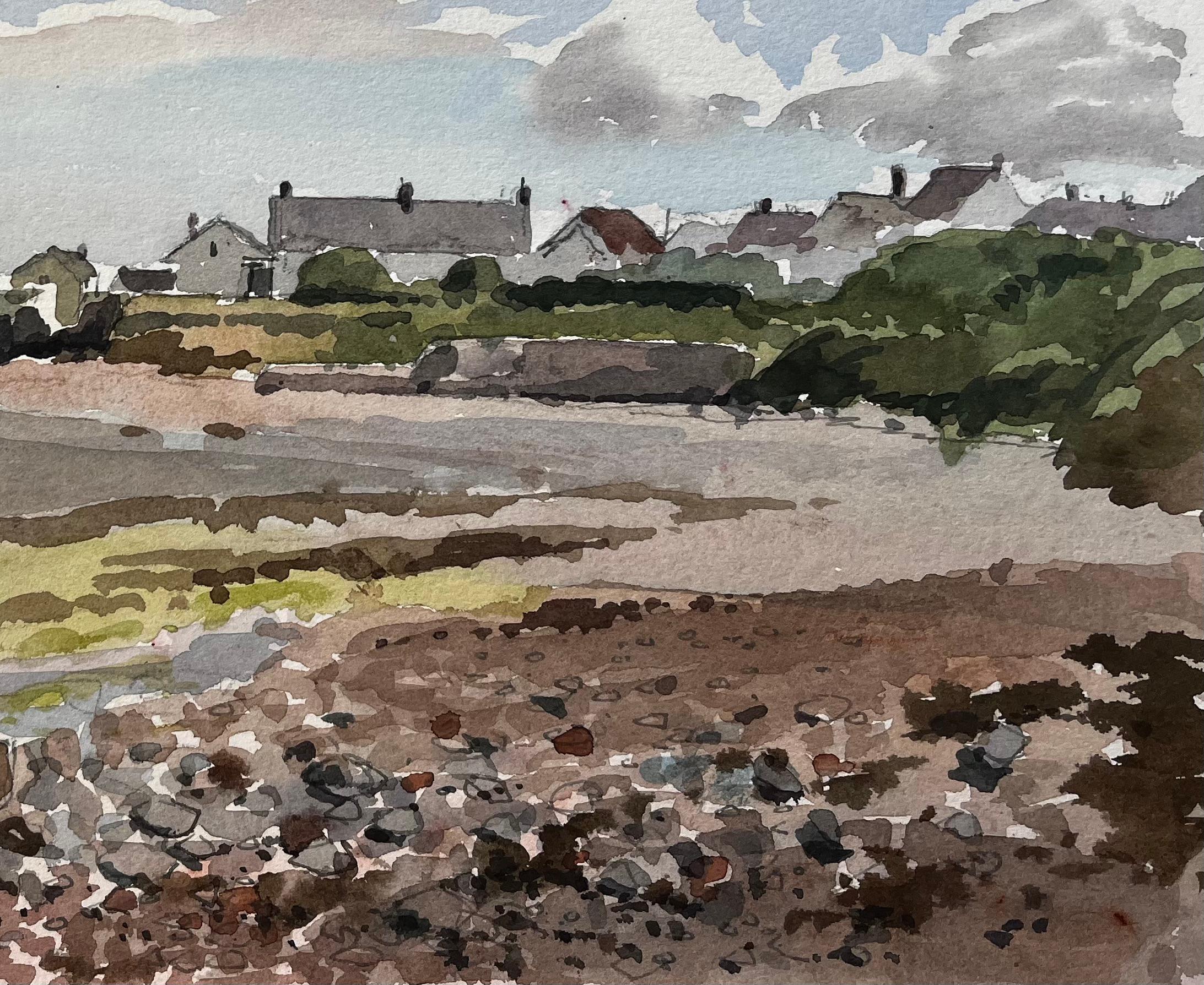 1987 Acquerello di Appledore, estuario del Devon settentrionale, con cottage e linea di costa - Painting Impressionismo di Anthony Herbert