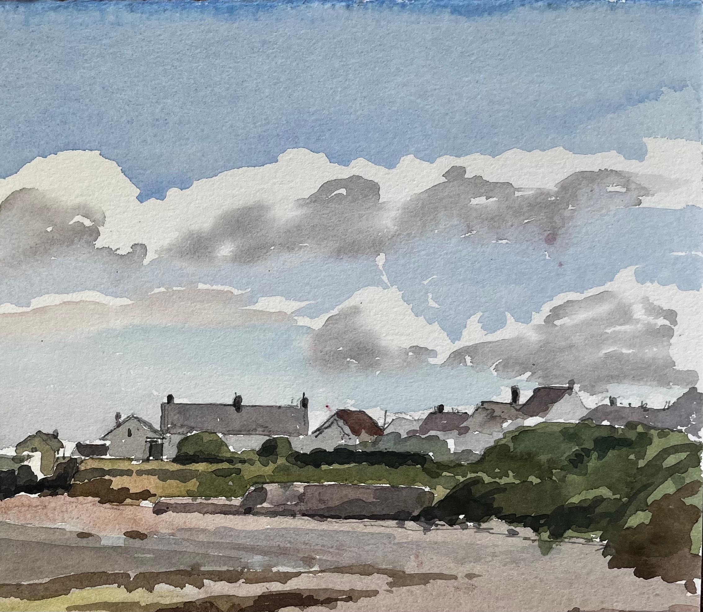 1987 Acquerello di Appledore, estuario del Devon settentrionale, con cottage e linea di costa - Landscape Painting Grigio di Anthony Herbert