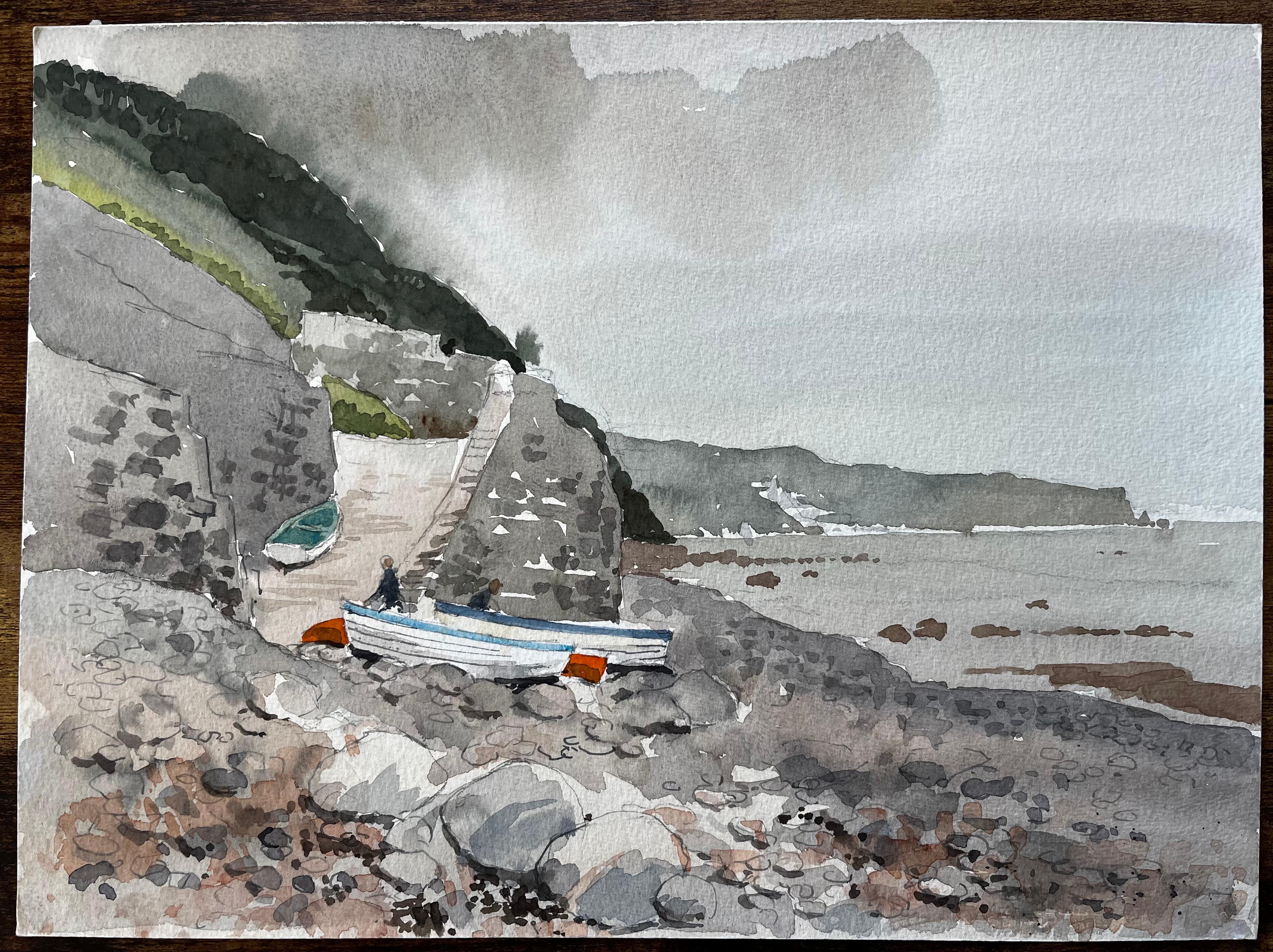 1987 Aquarell von Bucks Mills in North Devon mit Fischerbooten, Klippen und Küste – Painting von Anthony Herbert