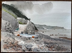 1987 Watercolour of Bucks Mills North Devon with Fishing Boats, Cliffs and Shore