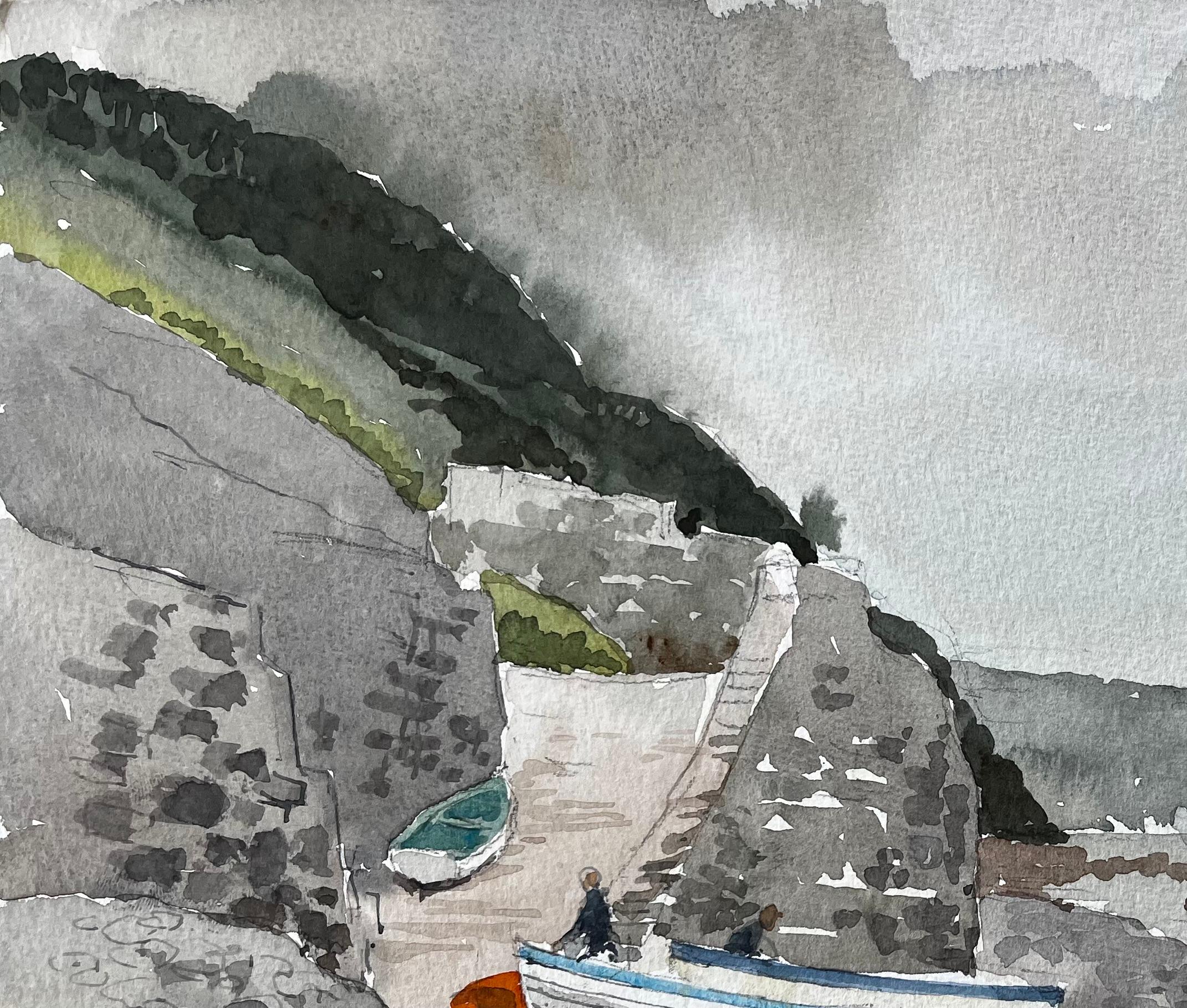 1987 Aquarell von Bucks Mills in North Devon mit Fischerbooten, Klippen und Küste (Impressionismus), Painting, von Anthony Herbert