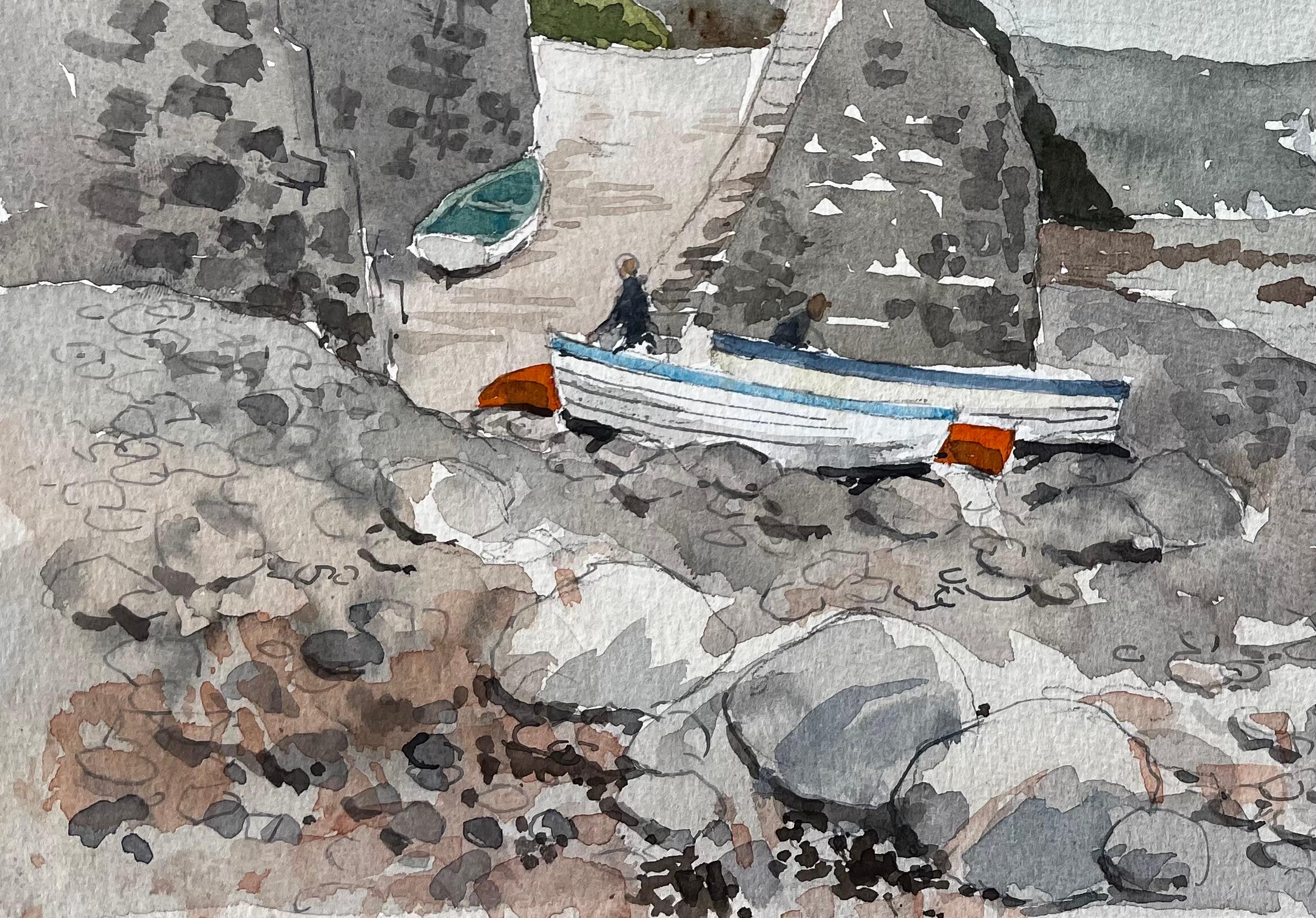 1987 Aquarell von Bucks Mills in North Devon mit Fischerbooten, Klippen und Küste (Grau), Landscape Painting, von Anthony Herbert
