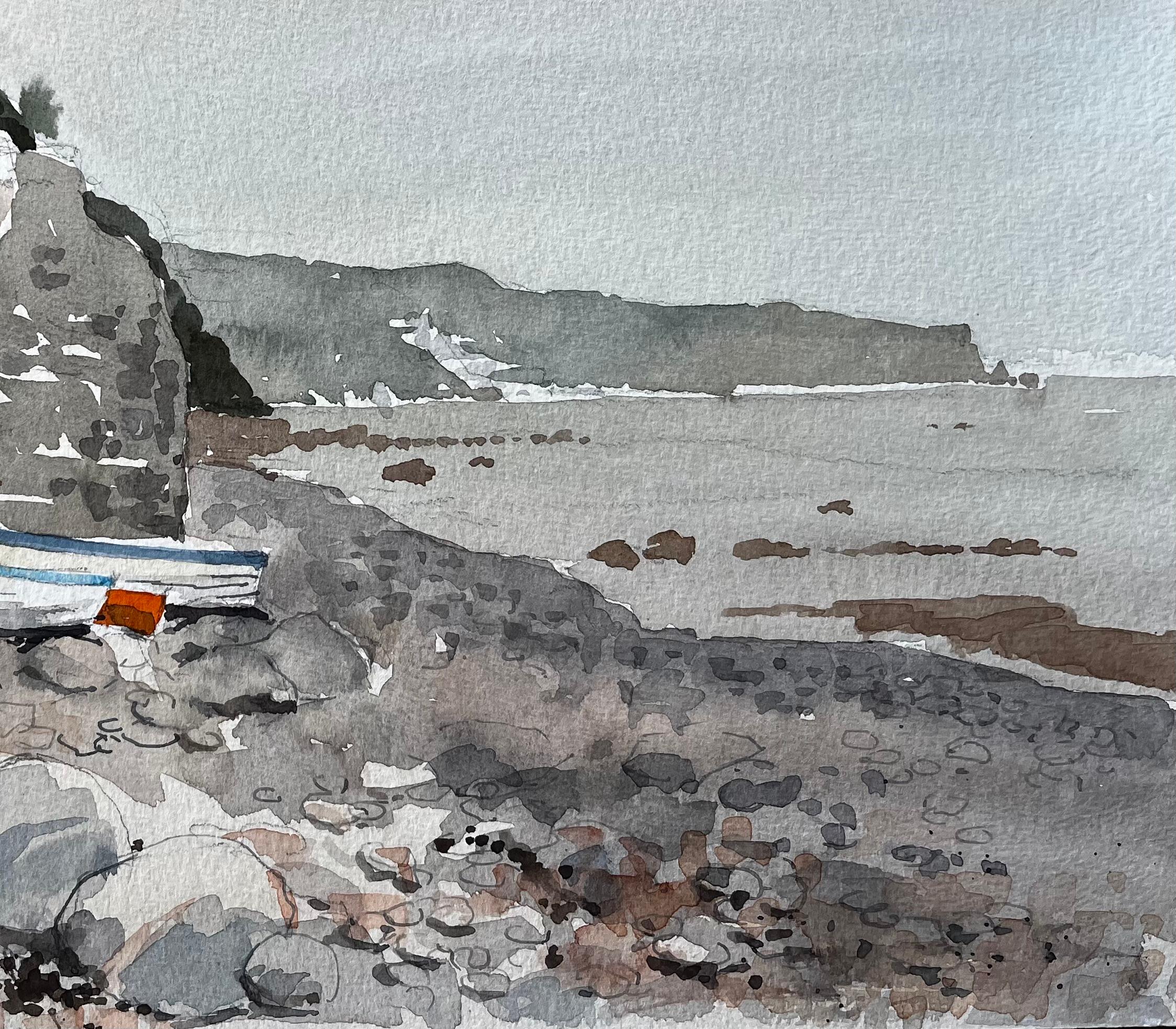 Titel: 1987 Aquarell von Bucks Mills in North Devon mit Fischerbooten, Klippen und Küste
Von Tony Herbert (1927-2024)
Medium: Aquarell auf Künstlerpapier
Größe: 11 x 15 Zoll
Vermerk auf der Rückseite: 