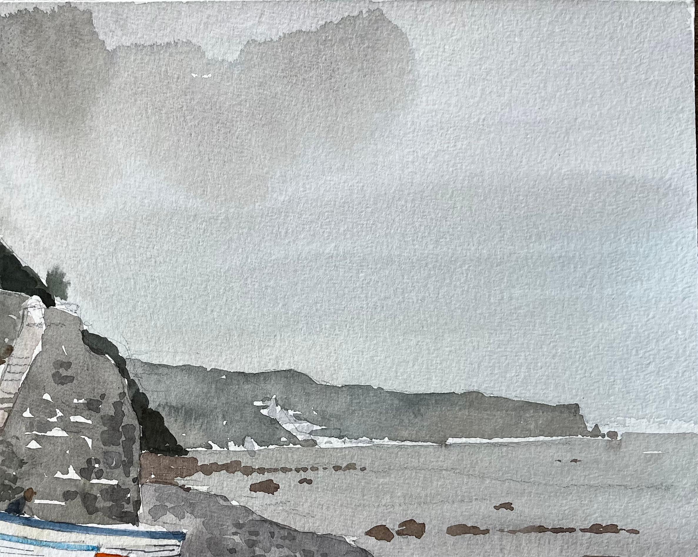 1987 Aquarell von Bucks Mills in North Devon mit Fischerbooten, Klippen und Küste im Angebot 1