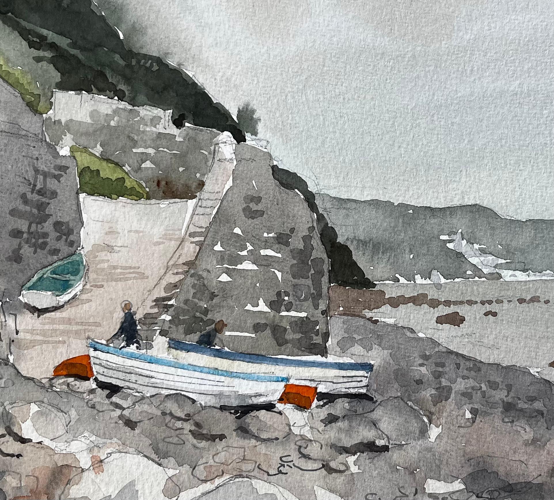 1987 Aquarell von Bucks Mills in North Devon mit Fischerbooten, Klippen und Küste im Angebot 2
