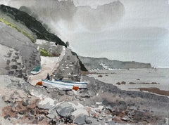 1987 Acuarela de Bucks Mills North Devon con barcos de pesca, acantilados y orilla