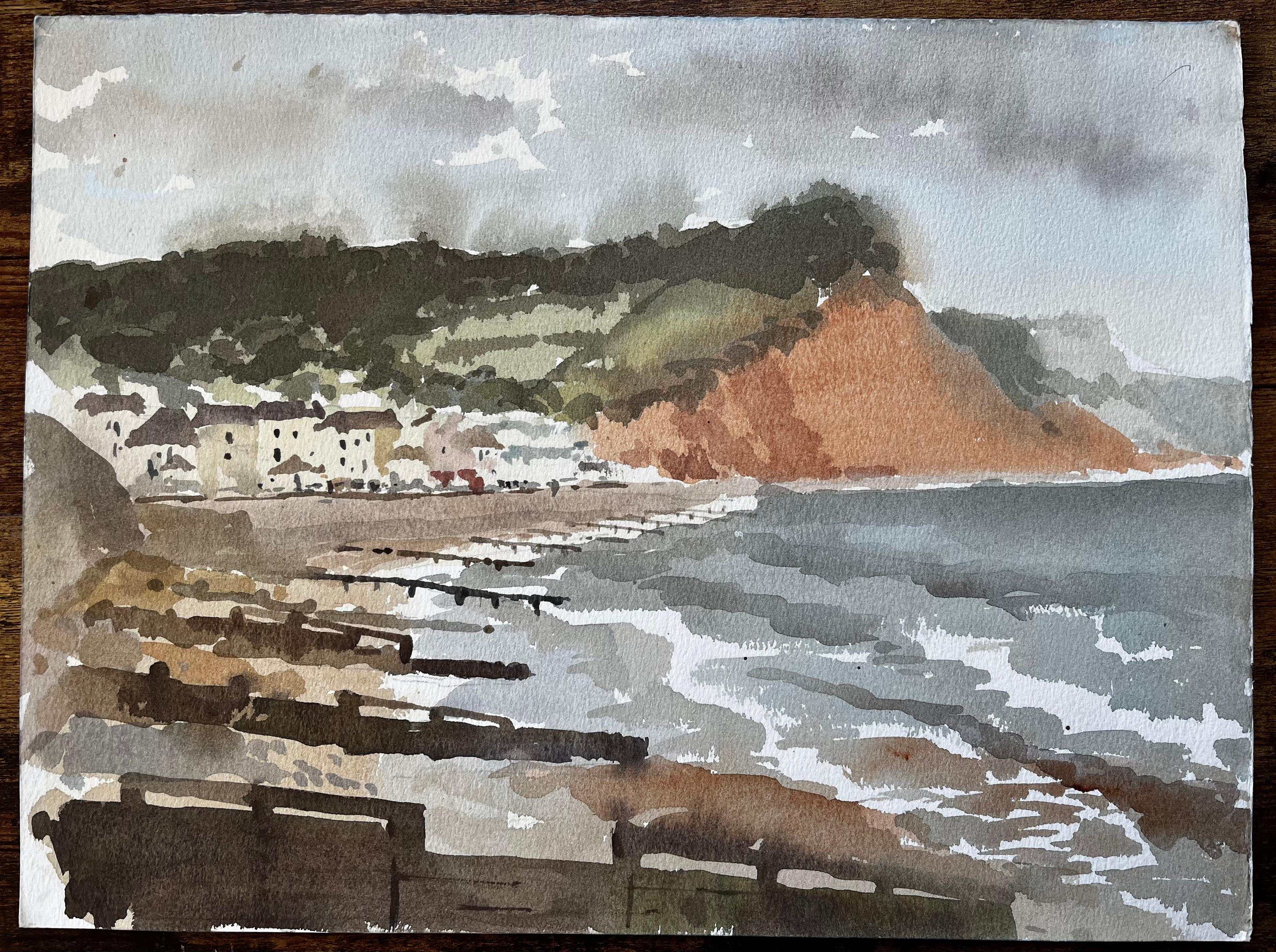 1991 Aquarell von Sidmouth, Ost-Devon, mit Klippen, Meer und Küstenortschaft – Painting von Anthony Herbert