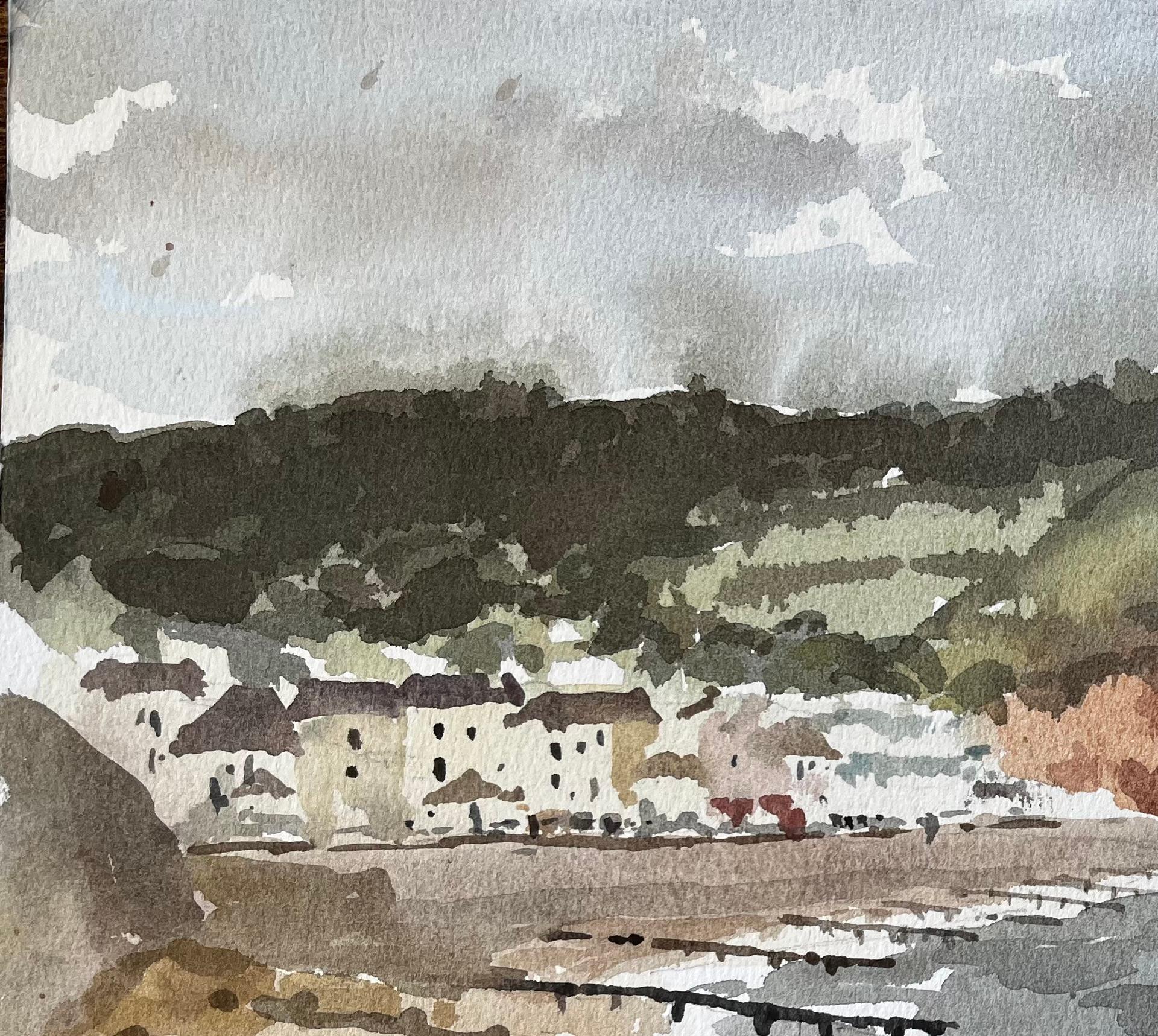 1991 Aquarell von Sidmouth, Ost-Devon, mit Klippen, Meer und Küstenortschaft (Impressionismus), Painting, von Anthony Herbert