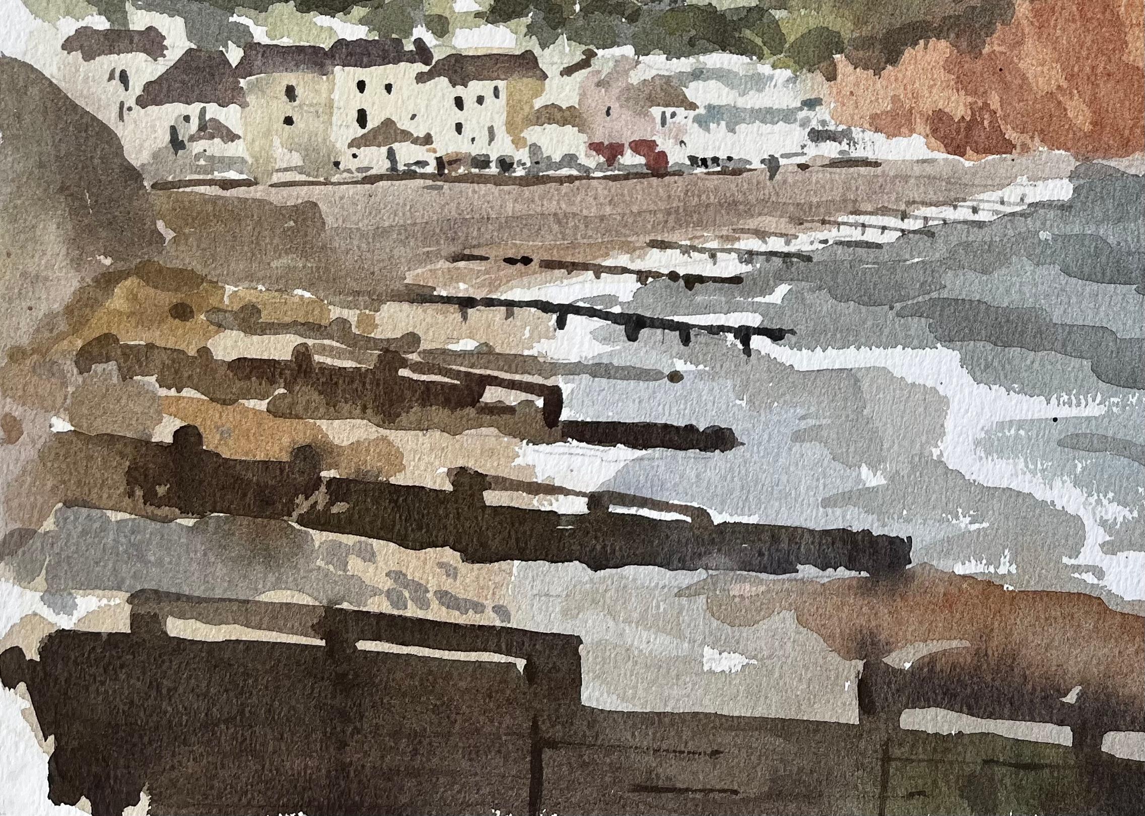 1991 Aquarell von Sidmouth, Ost-Devon, mit Klippen, Meer und Küstenortschaft (Grau), Landscape Painting, von Anthony Herbert