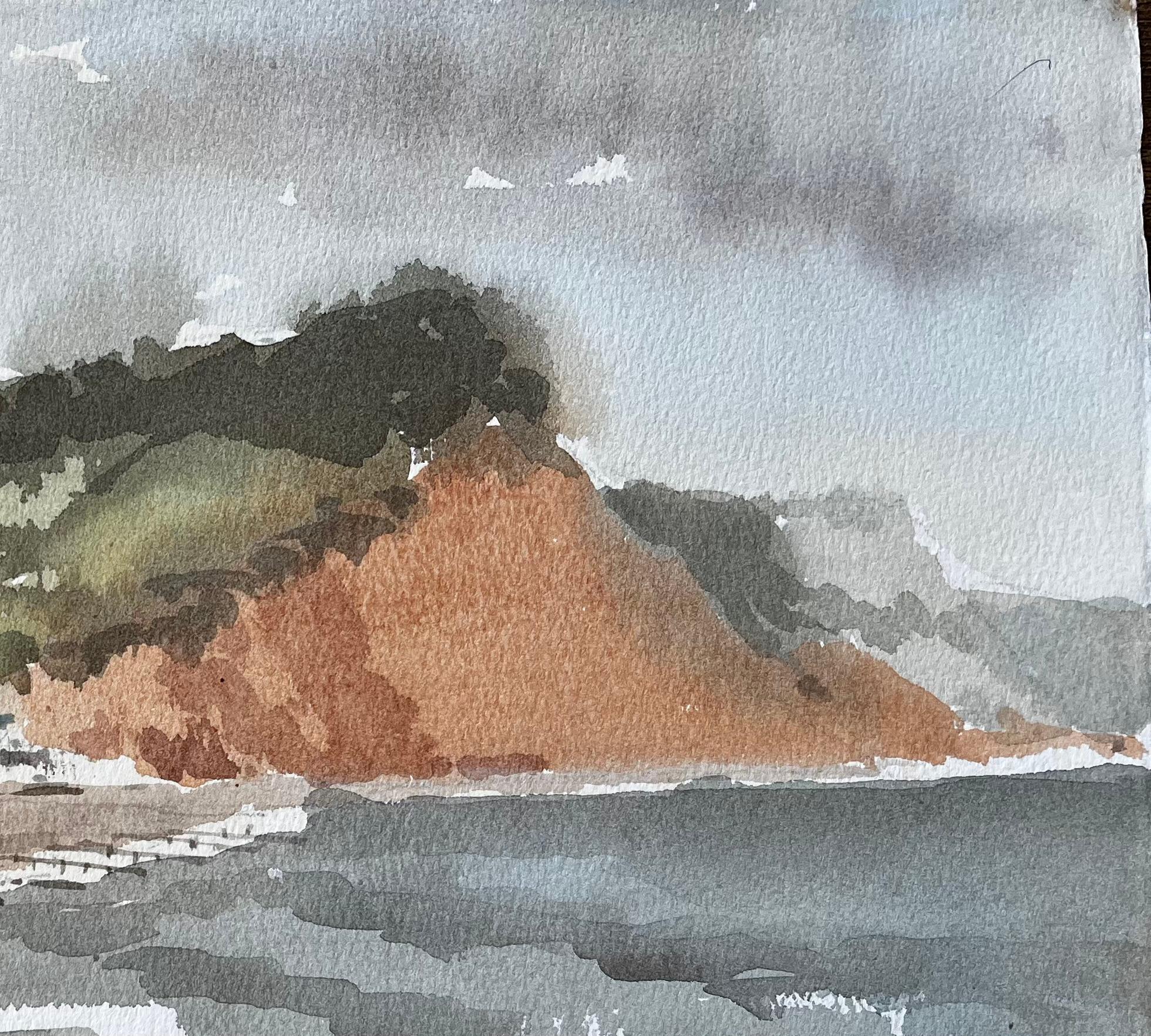 1991 Aquarell von Sidmouth, Ost-Devon, mit Klippen, Meer und Küstenortschaft im Angebot 1