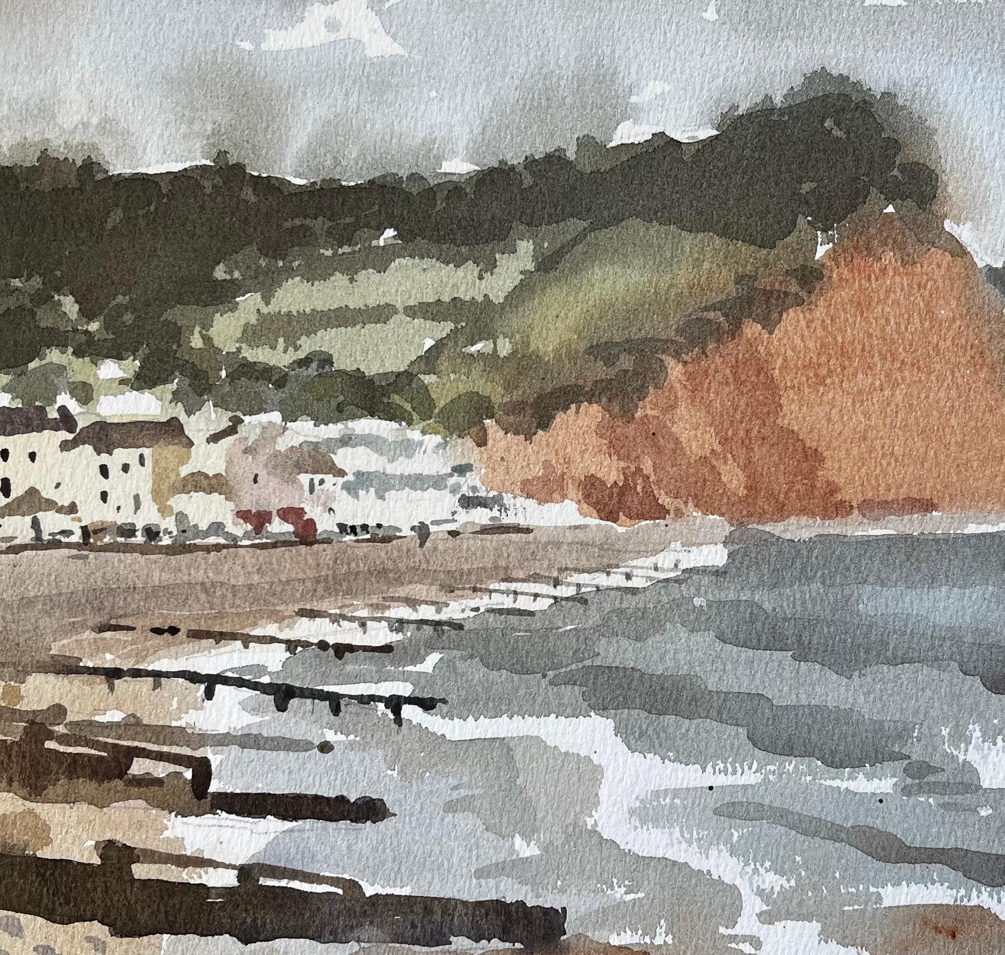 1991 Aquarell von Sidmouth, Ost-Devon, mit Klippen, Meer und Küstenortschaft im Angebot 2